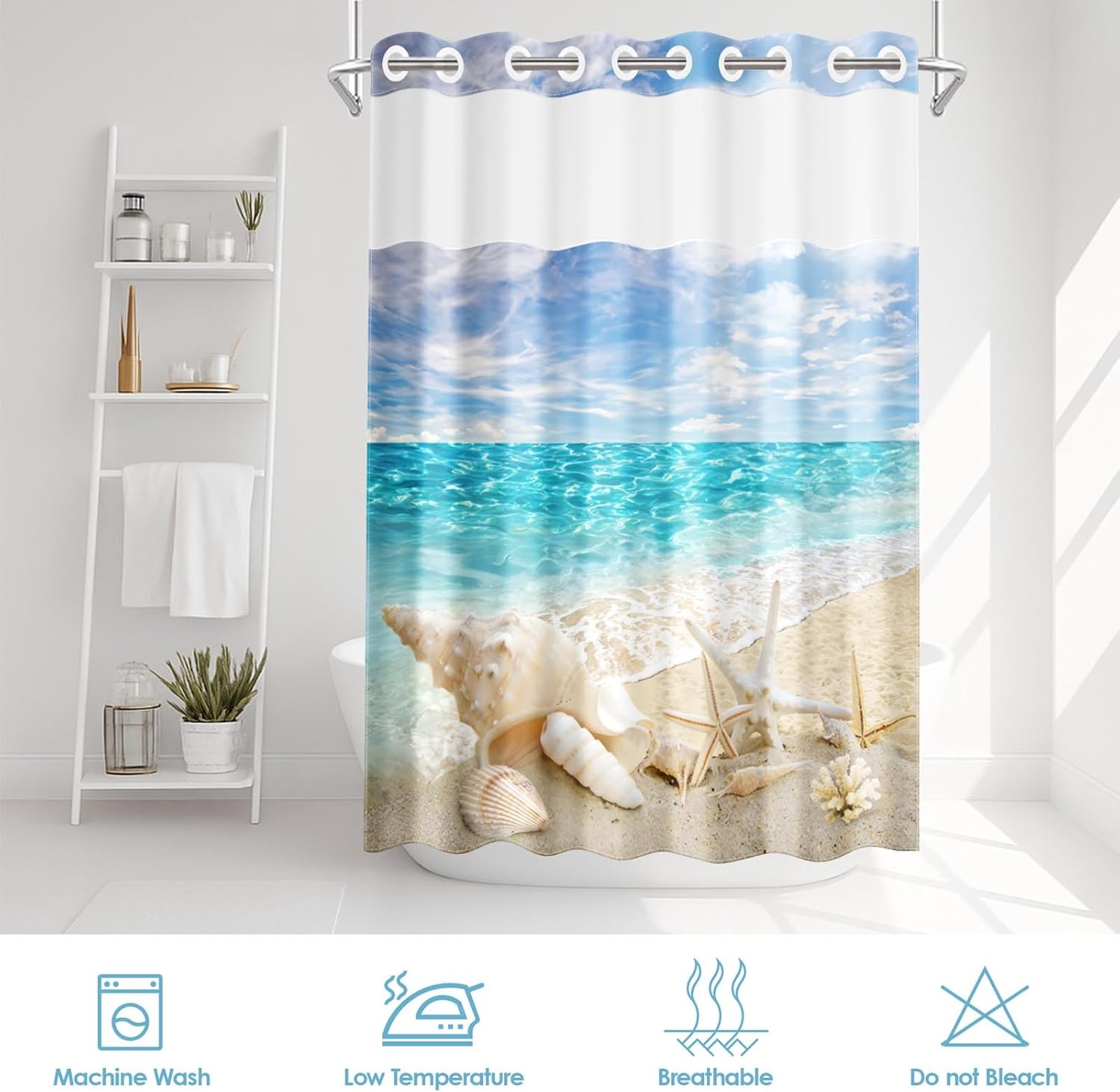 No Hook Beach Summer Shower Curtain with Snap in Fabric Liner Set, Starfish Seashell Sea Double Layers Waterproof Fabric with See Through Top Window Open Grommet Bath Curtain 71x74 Inch