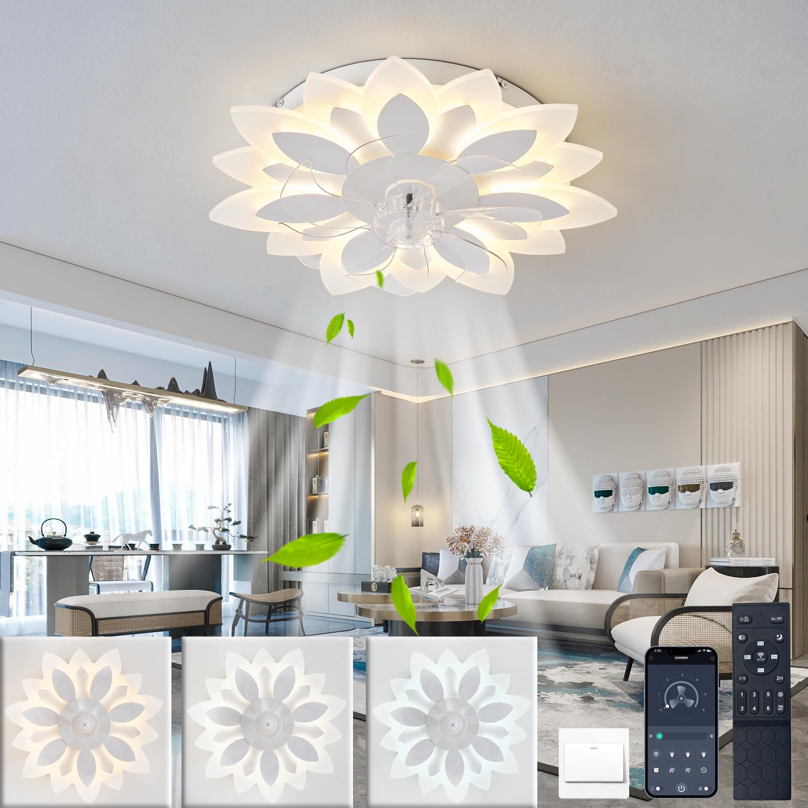 Ventilateur de plafond silencieux 56 cm plafonnier LED télécommande 6 vitesses minuterie