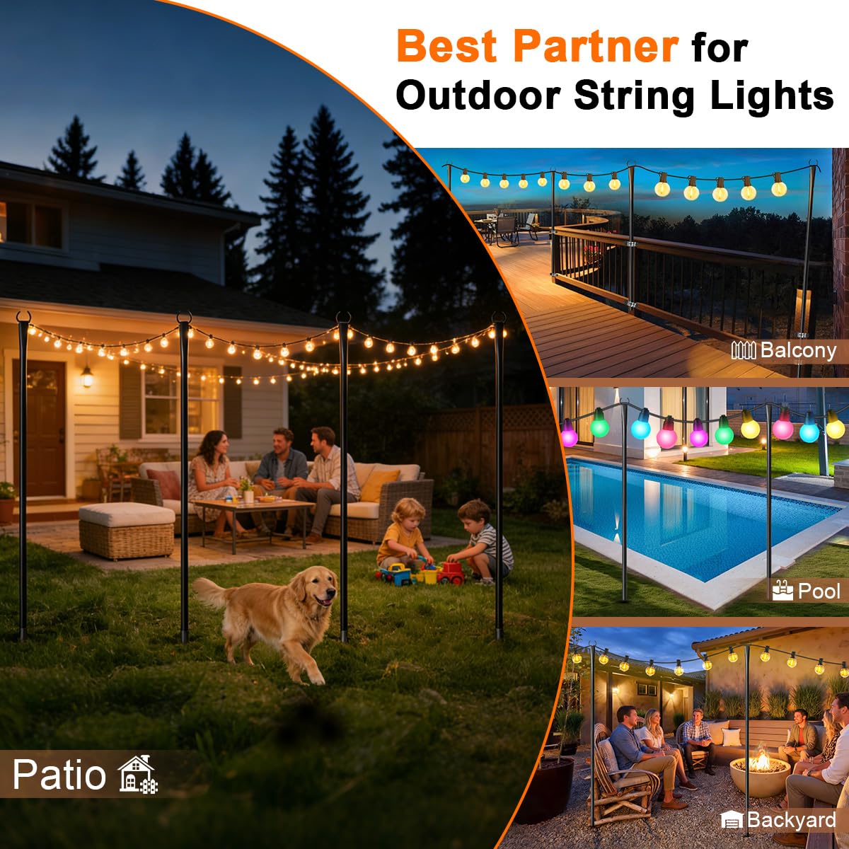 Lichterkette für den Außenbereich, 3 m, robuste Metall-Lichtstangen für Außenlichterkette mit Gabel, verstellbarer Beleuchtungsständer für Terrasse, Garten, Terrasse, Terrasse, Pergola, Garten