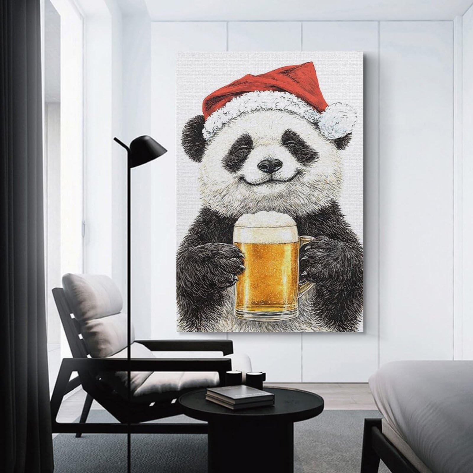 Junmoney Panda in Santa Hat with Beer Canvas Art Print 24x36inch(60x90cm), for New Homes, Bedrooms Or Workspaces, Gift Idea for Housewarming And Birthdays