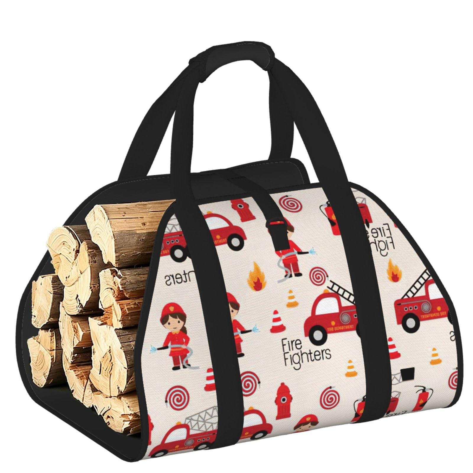 Little Boys and Girls in FireFighters Printed Firewood Carrier Bag, Log Tote with Open-Ended Design for Camping Outdoor Wood Hauling