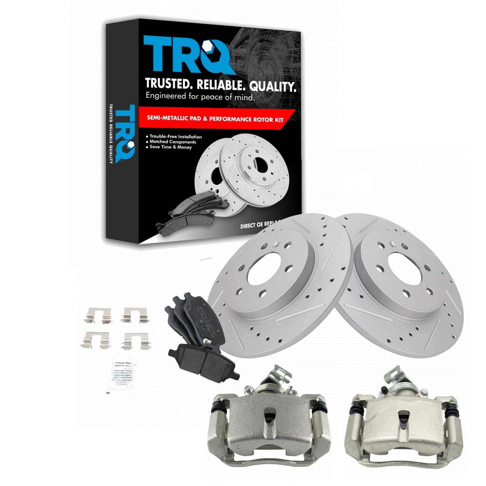 TRQ Performance Rear Brake Pad and Rotor Set Semi Metallic Coated Drilled Slotted Solid Rotors Calipers Compatible with 2006-2007 Buick Terraza Saturn Relay 2006-2008 Chevrolet Uplander