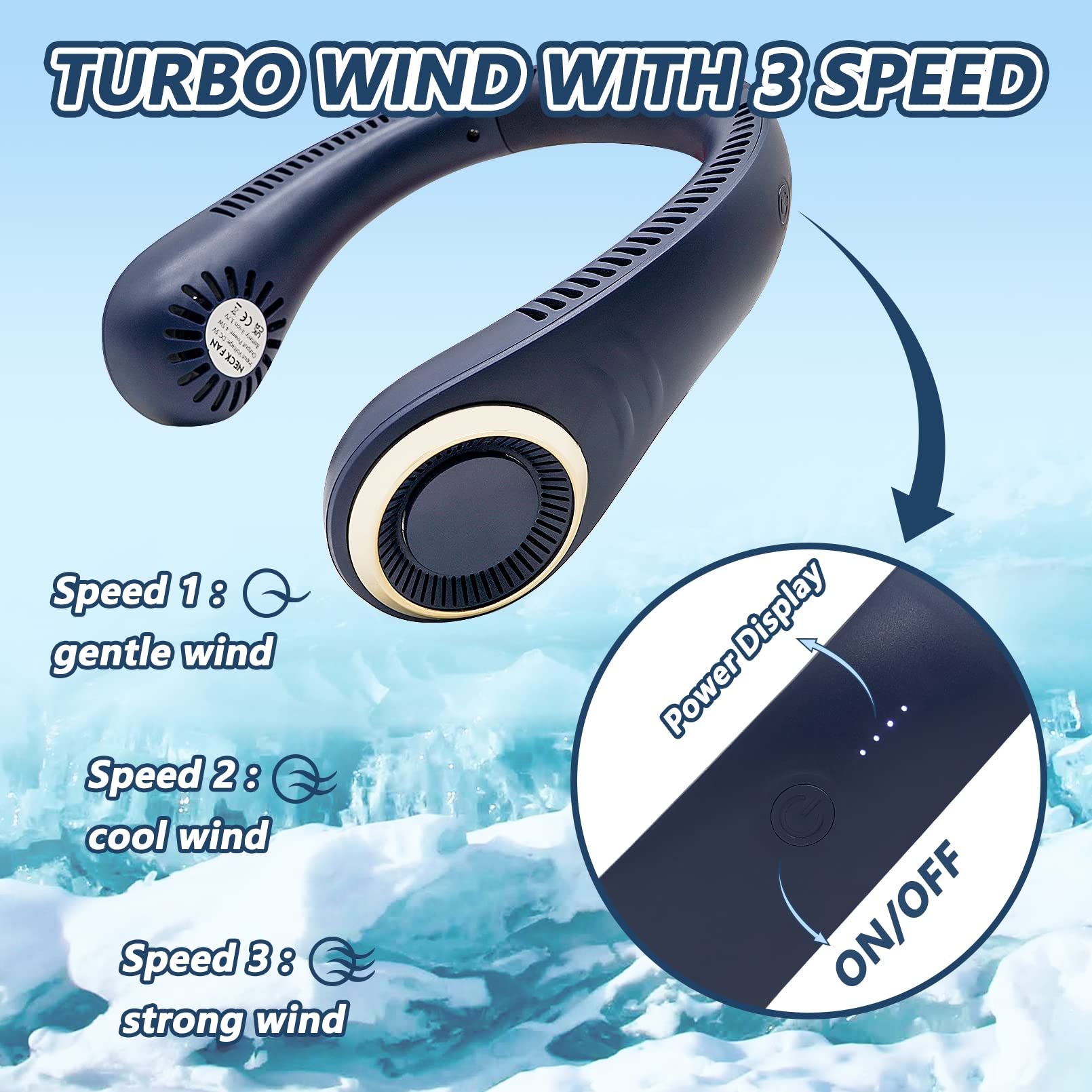 Ventilateur De Cou Portable USB Rechargeable - 5000mAh, 3 Vitesses, Sans Lame, 360° - Bleu - Pour Bureau, Sport, Voyage