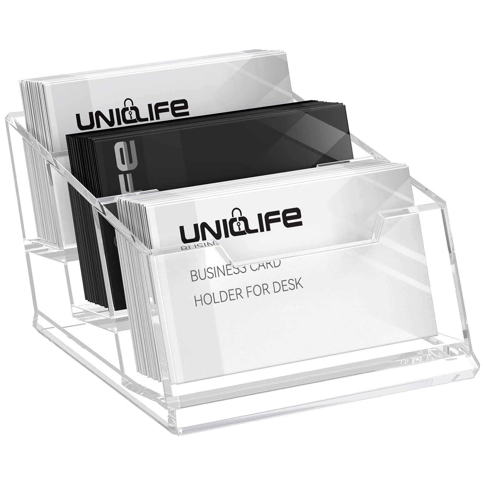 Uniclife Acrylic Business Card Holder for Desk 3 Slots Clear Business Card Display Stand for Men & Women Desktop Business Card Organizer Card Stand for Office Home Exhibition, 180 Card Capacity