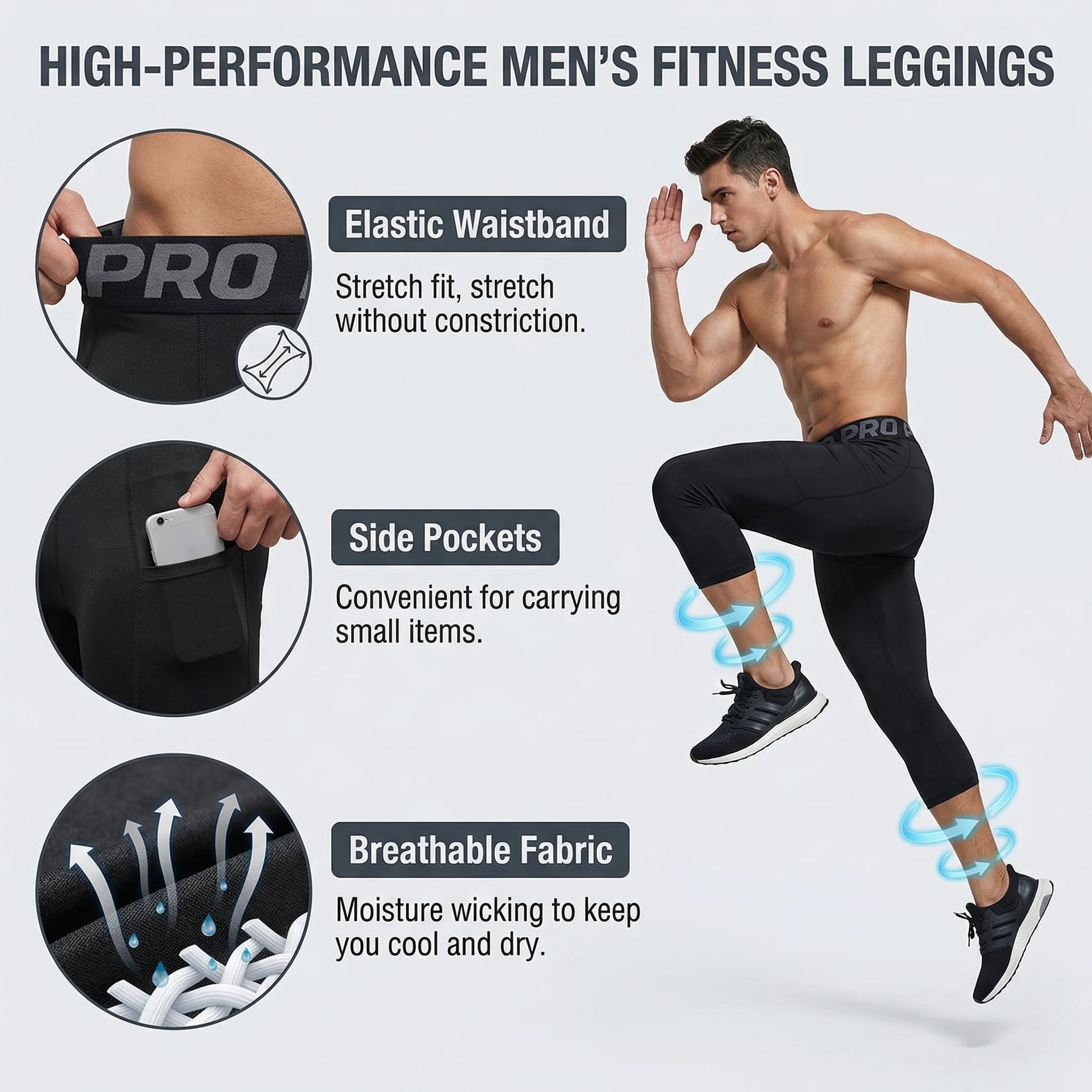 YUSHOW Mallas de compresión 3/4 hombre running entrenamiento secado rápido