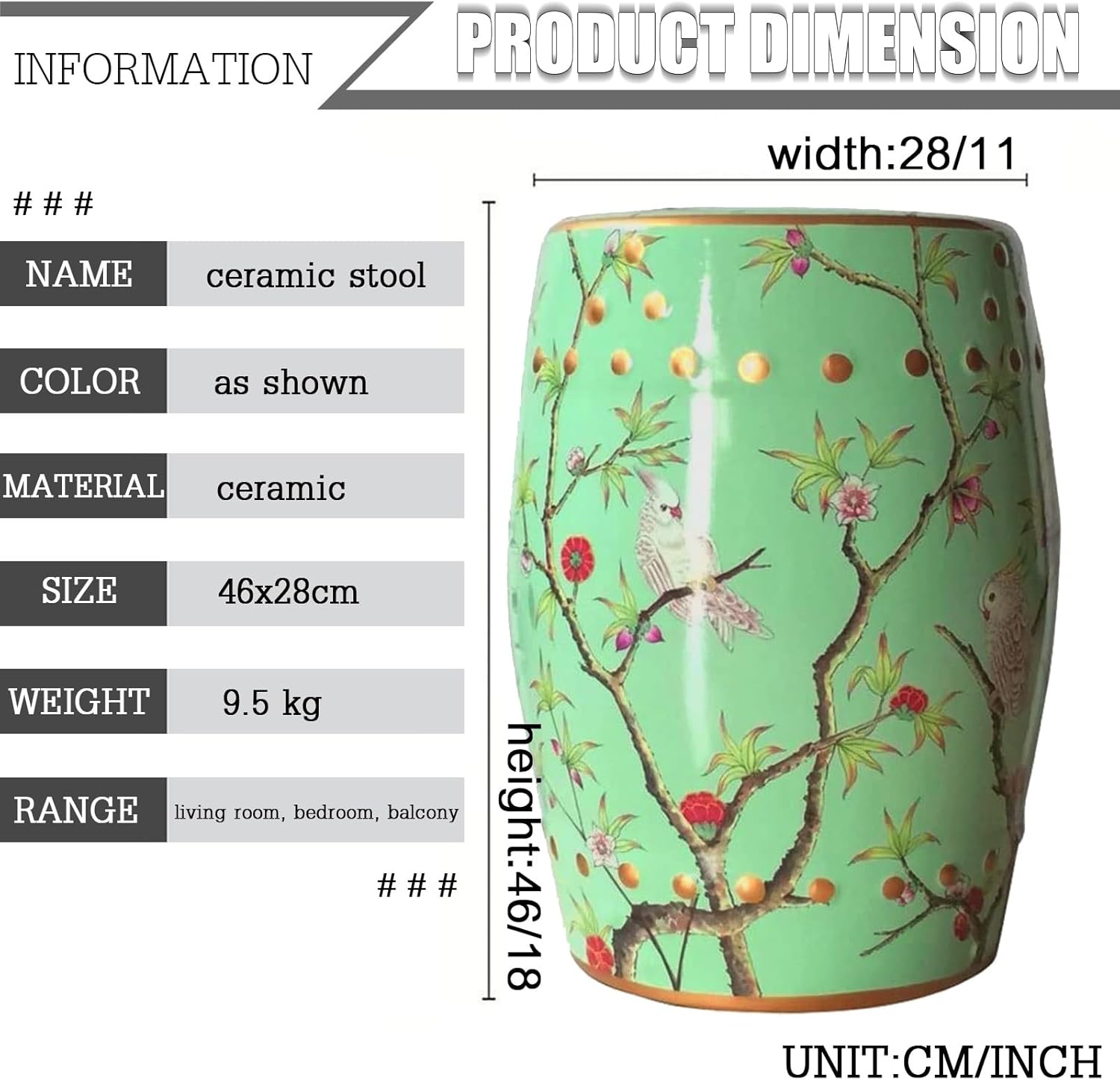 Round Ceramic Decorative Garden Stool - Glazed Hand-Painted Porcelain Side Table for Indoor & Outdoor Use, Small Drum Stool for Living Room, Balcony & Garden(Green Bluebird)