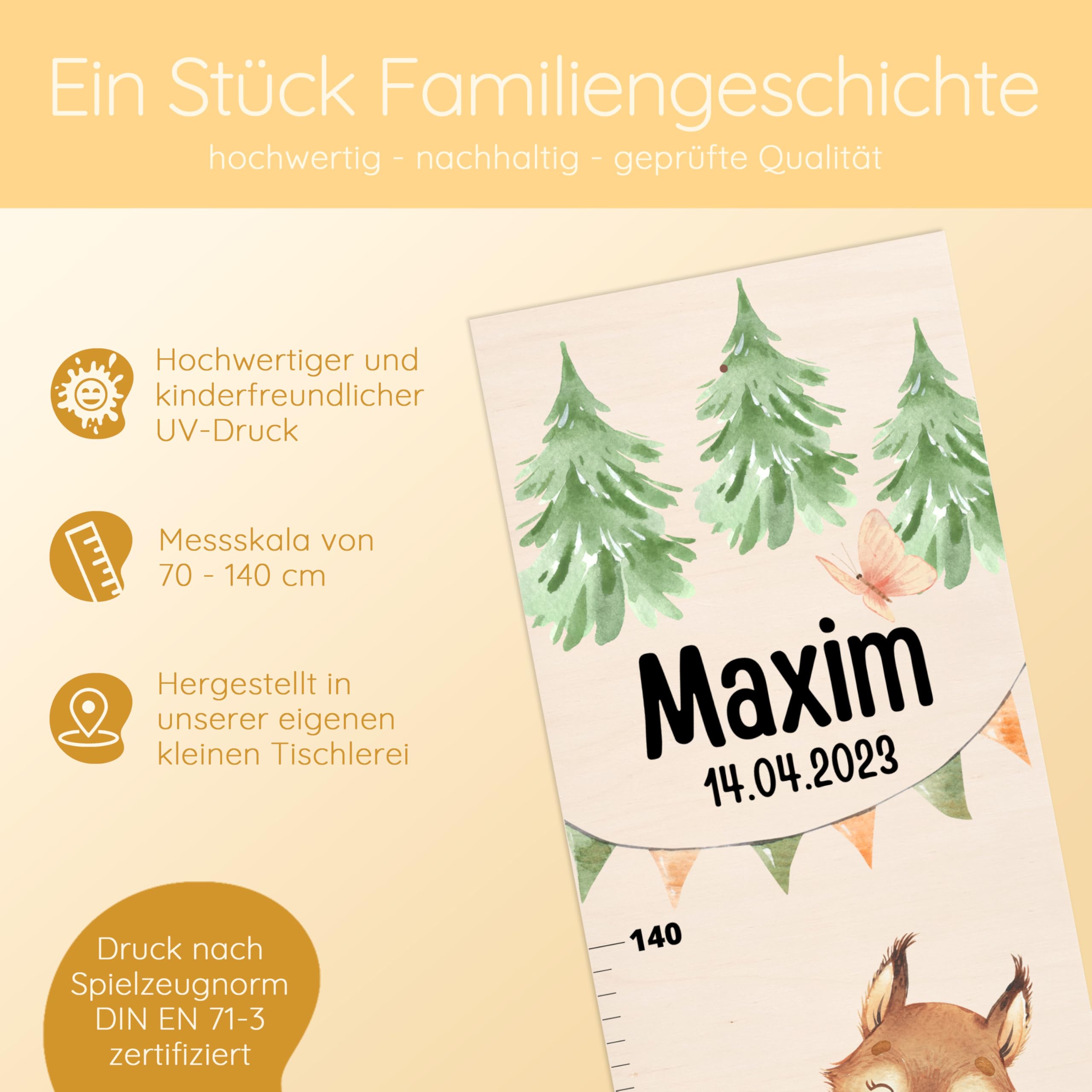 Bärenfreunde® - Personalisierte Messlatte Kind Holz zum Kleben oder Aufhängen - Skala 70-140cm - Süße Dekoration für Baby- & Kleinkinderzimmer (Kinder 70-140cm, Waldtiere übereinander)