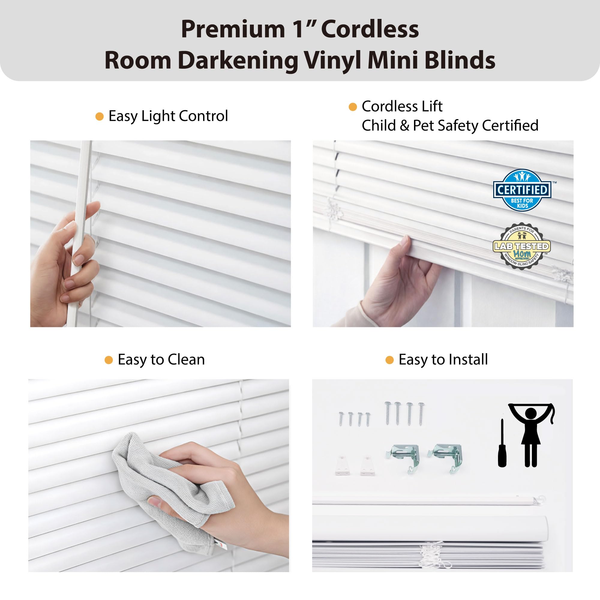 DEZ FURNISHINGS Premium Cordless 1" Room Darkening Vinyl Mini Blinds, 26" W x 48" H, White - 4