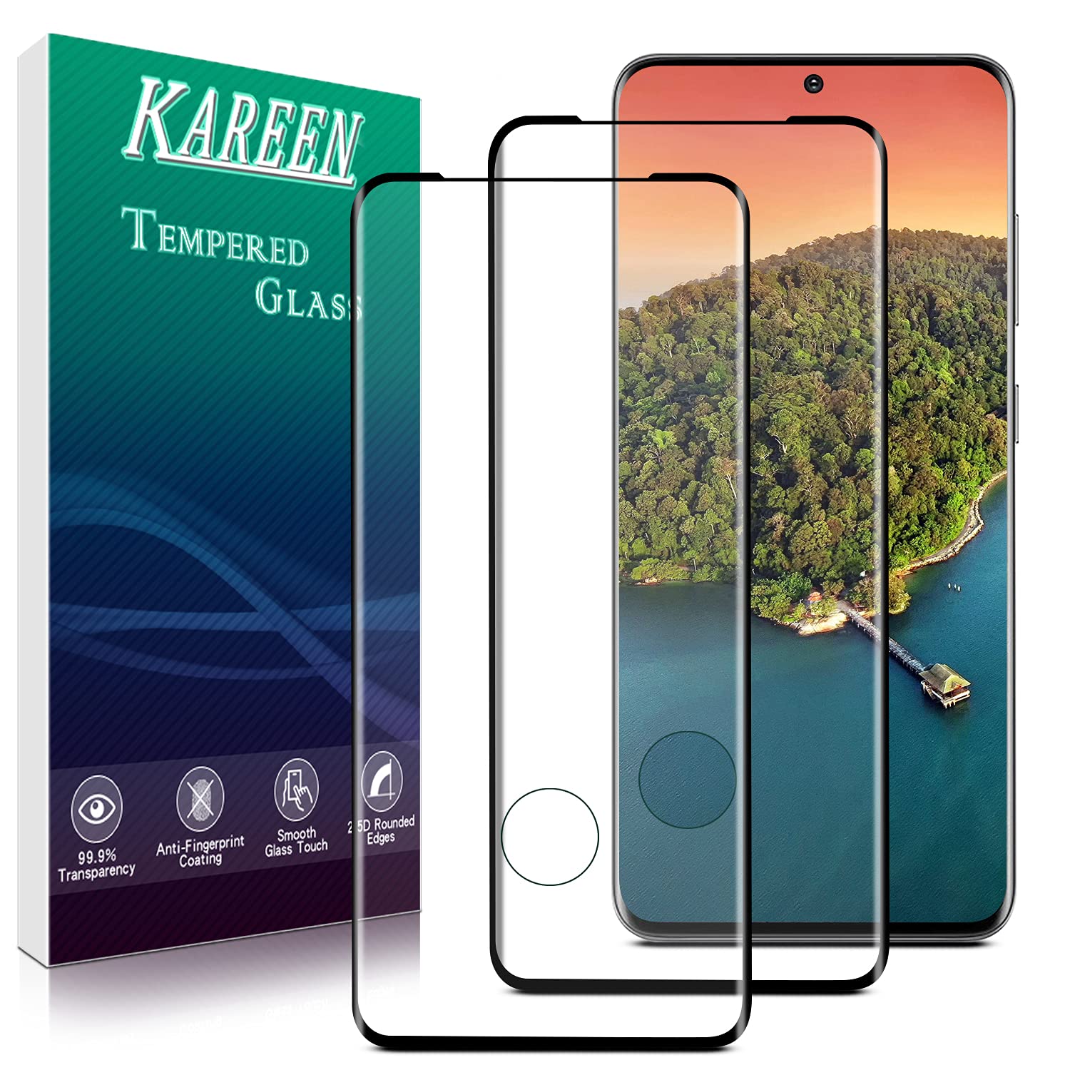 KAREEN [2-Pack] Tempered Glass For Samsung Galaxy S20 Screen Protector, Fingerprint Unlock with hole, Full Screen Coverage, 9H Hardness, Anti-Scratch, HD 3D Curved Dot Matrix Full Glue, Bubble Free