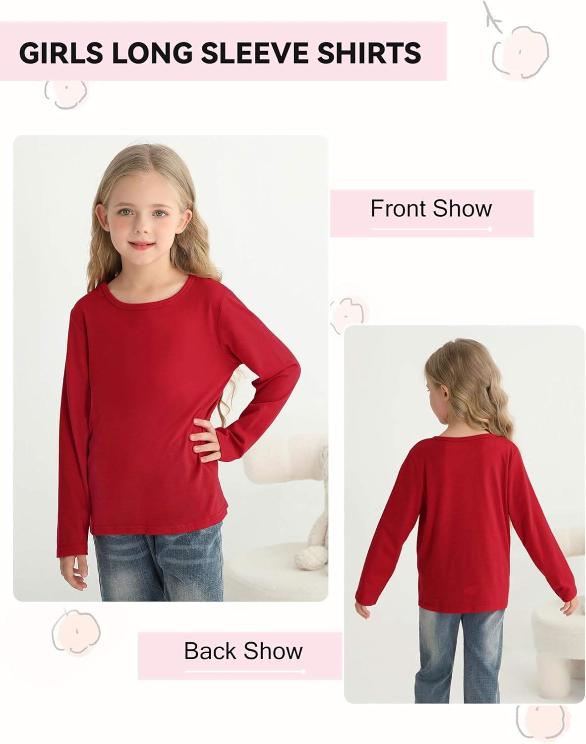 5 Pack Girls Long Sleeve Shirts Soft Crewneck Long-Sleeve T-Shirts Basic Tagless Layering Tees - Image 4