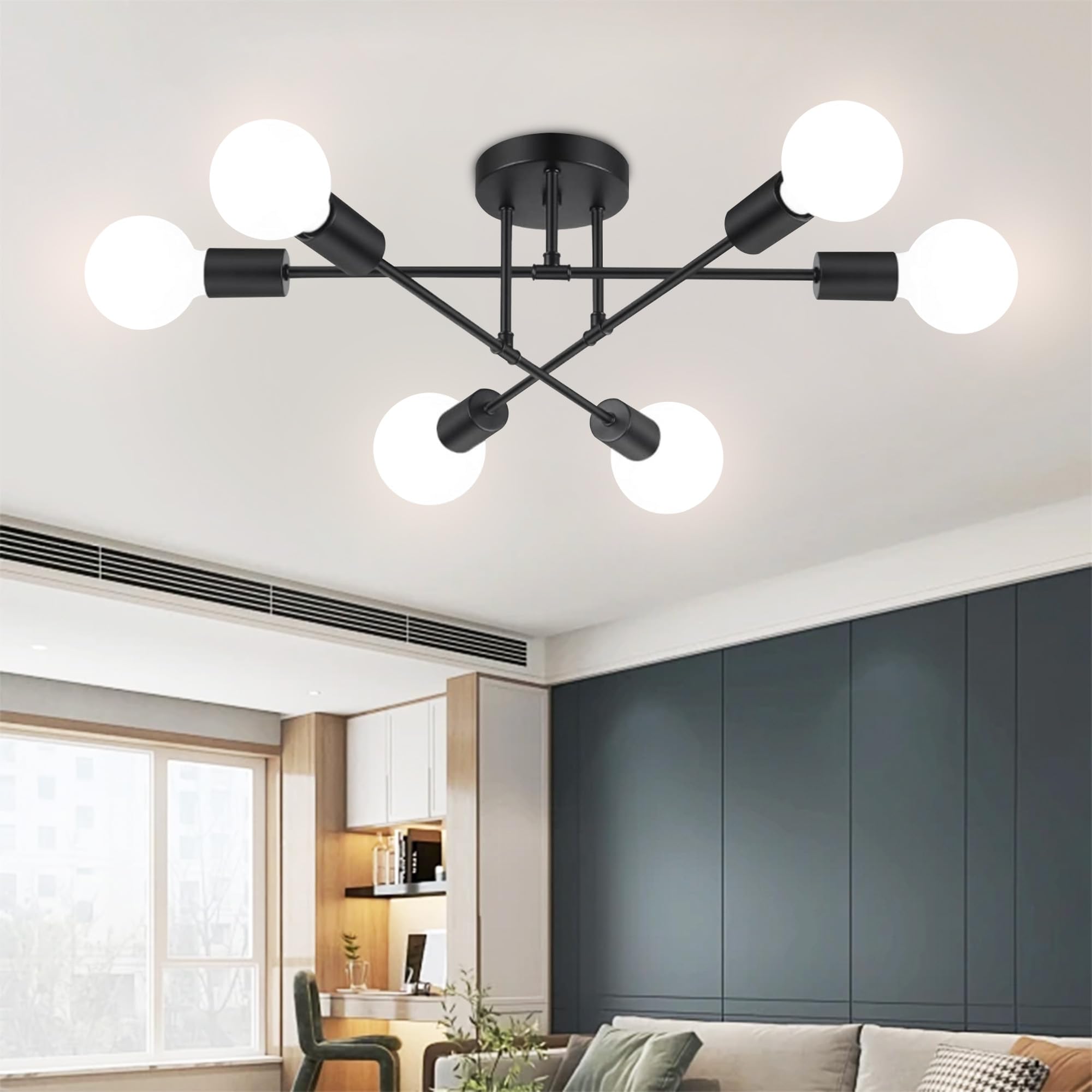 YHTlaeh Lampadario Soffitto Industrial Forma DIY Plafoniera E27 Moderno Lampada da Soffitto in Ferro Vintage per Camera da letto Soggiorno Cucina Corridoio (Nero, 6T)