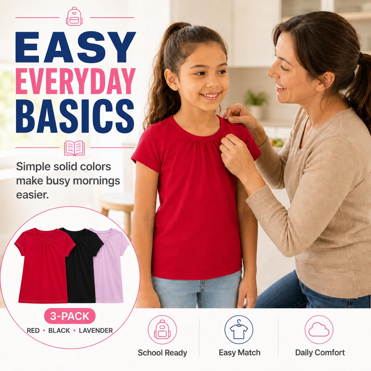 Bienzoe Girls Short Sleeve T-Shirt: Kids Aged 4-13 Cute Crewneck tee 3pcs Pack - Breathable Tops for Beach Trip Outdoor Play