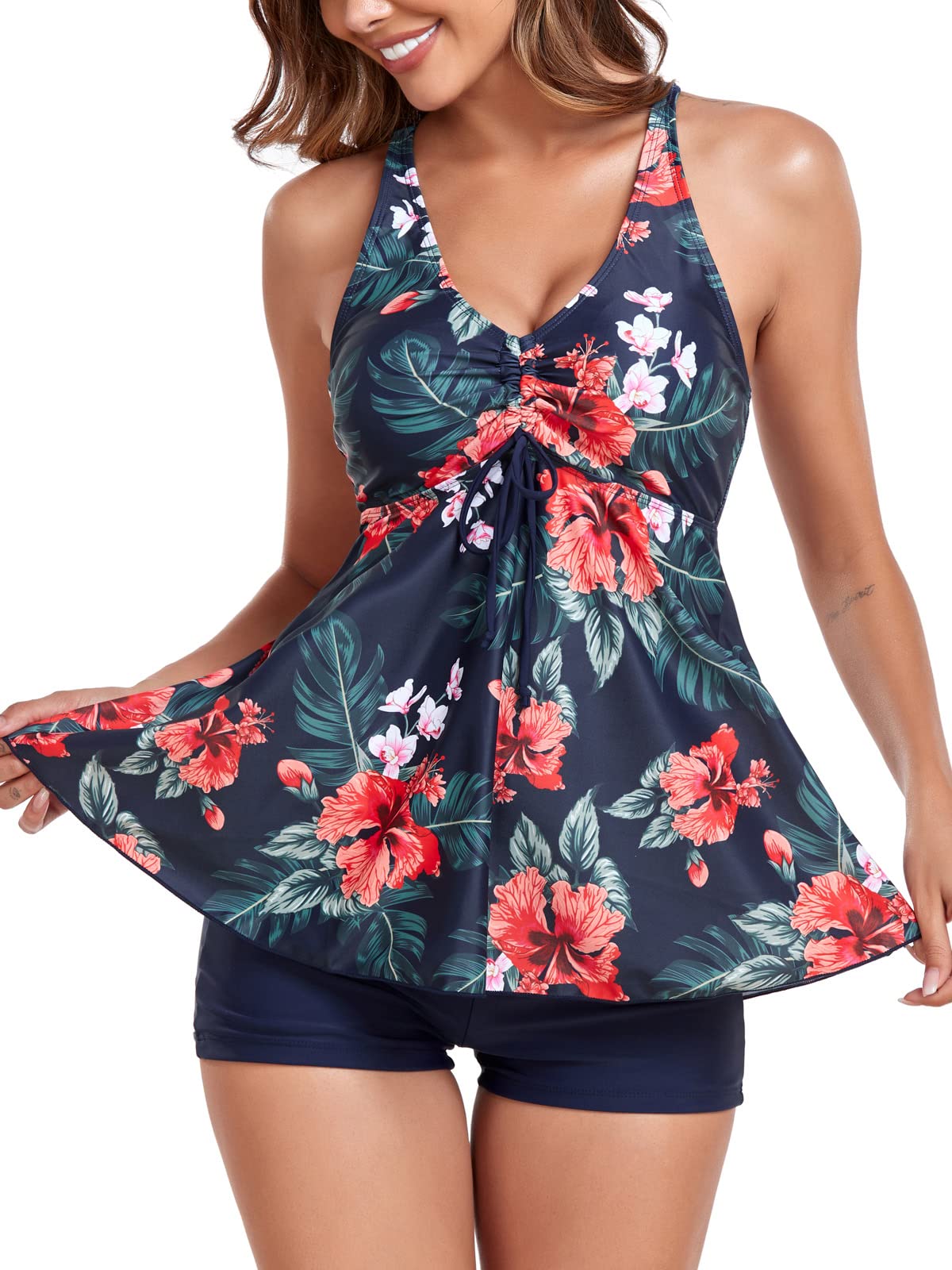FLYILY Tankini da Donna con Spalline con Stampa a Maniche Corte e Pantaloncini da Bagno con Stampa Floreale a Due Pezzi