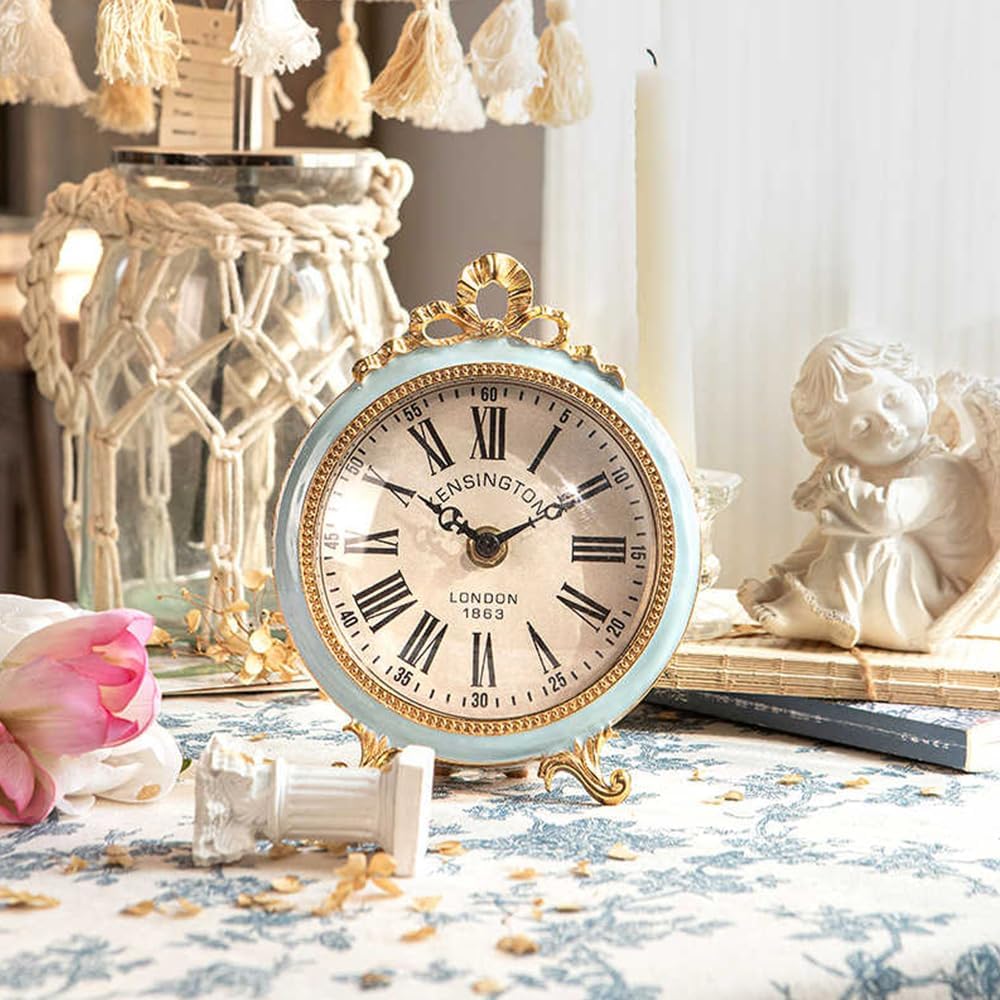 Bow Ornament Gold Desk Shelf Clock Battery Operated, Sturdy Zinc Alloy Retro Table Clock Decorative for Living Room, Mantel, Bedroom (Round Clock)