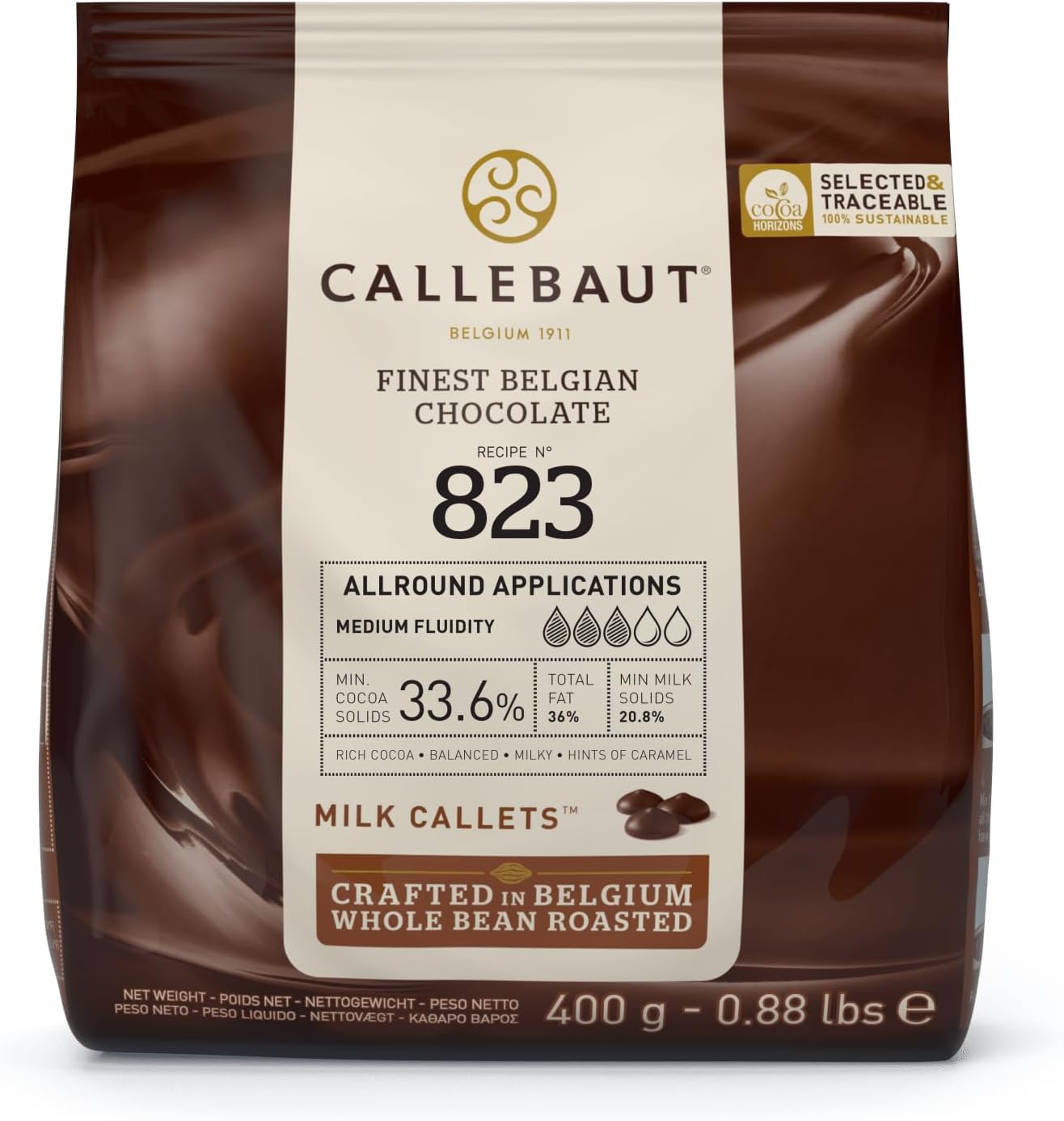 823 Finest Belgian Milk Chocolate Couverture Callets 33.6% Cocoa 400g