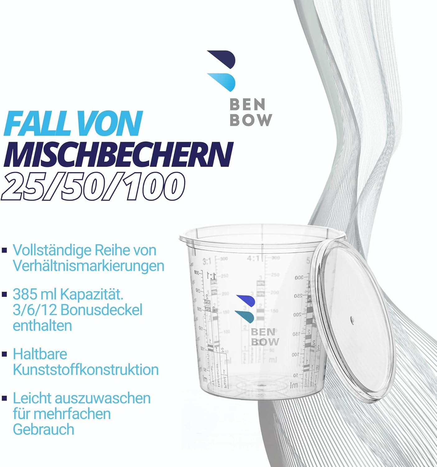 BenBow Profi-Messbecher 100x 385ml mit 12x Deckel mit vielfältiger Skalierung - Becher mit Skala Mischbecher Lackmischbecher Meßbecher Lackbecher Einwegmischbecher