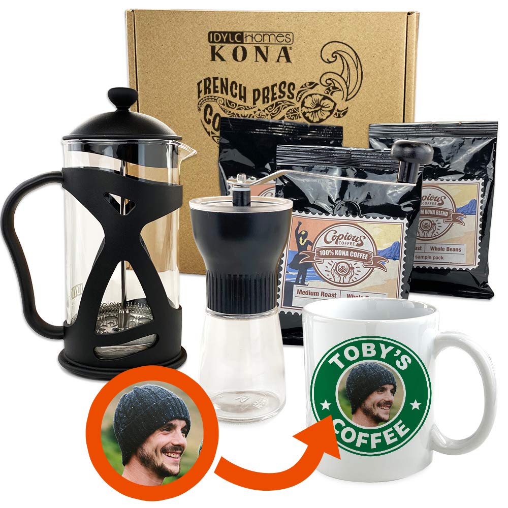 Coffee Gift Set with Personalized Mug, Coffee Gift Box, Best Coffee Gifts for Caffeine Lovers, Includes 100% Hawaiian Coffees, French Press with Grinder