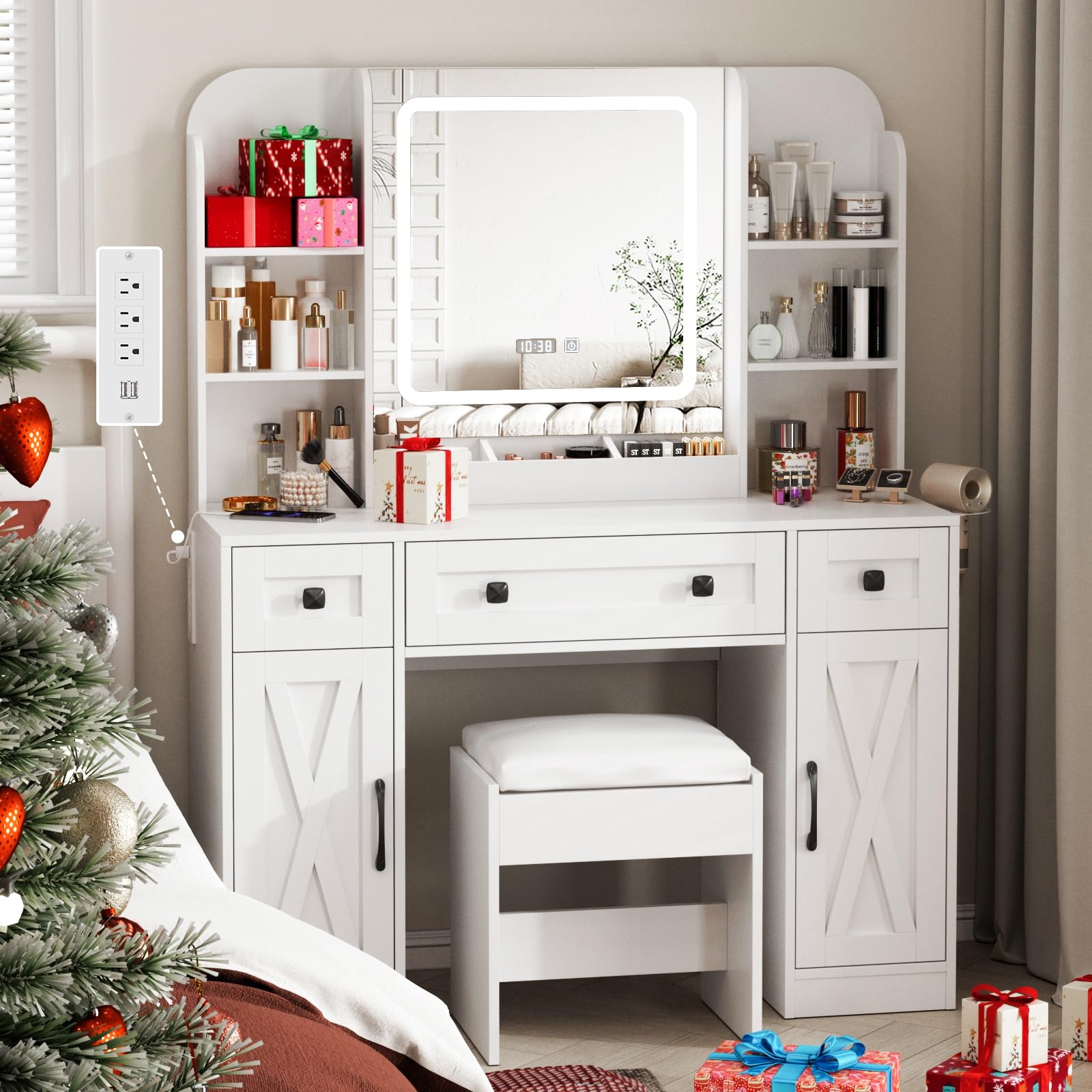 Vabches Makeup Vanity Desk, Vanity Mirror with Lights Desk and Chair,Makeup Table with 3 Large Drawers and 2 Cabinets, Time and Temperature Display, 3 LED Lighting Modes Adjustable, White