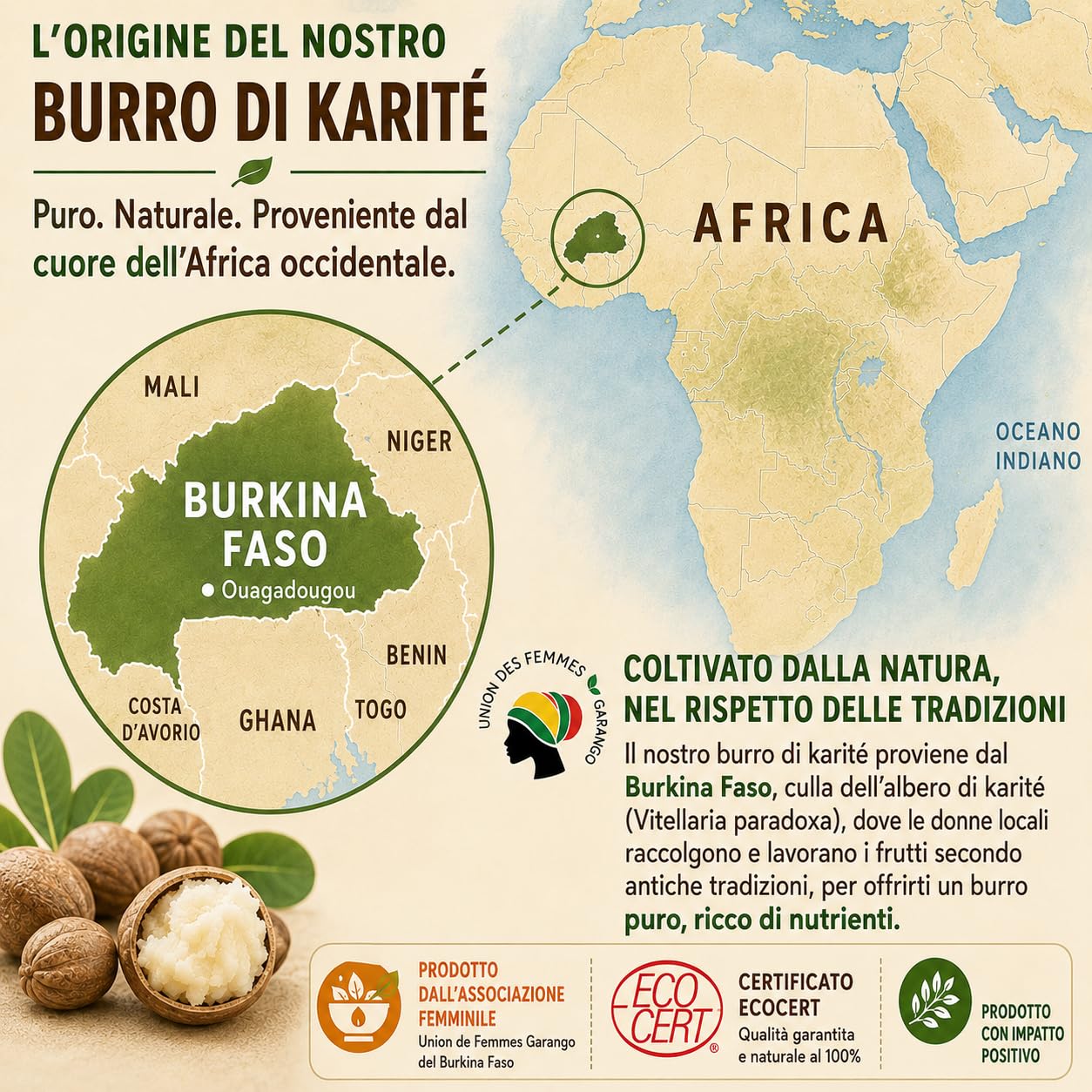 Burro di Karité del Burkina Faso (500 ml), puro non raffinato, certificato Ecocert. Idrata e favorisce la rigenerazione della pelle. Prodotto equo solidale ottenuto con metodo tradizionale.