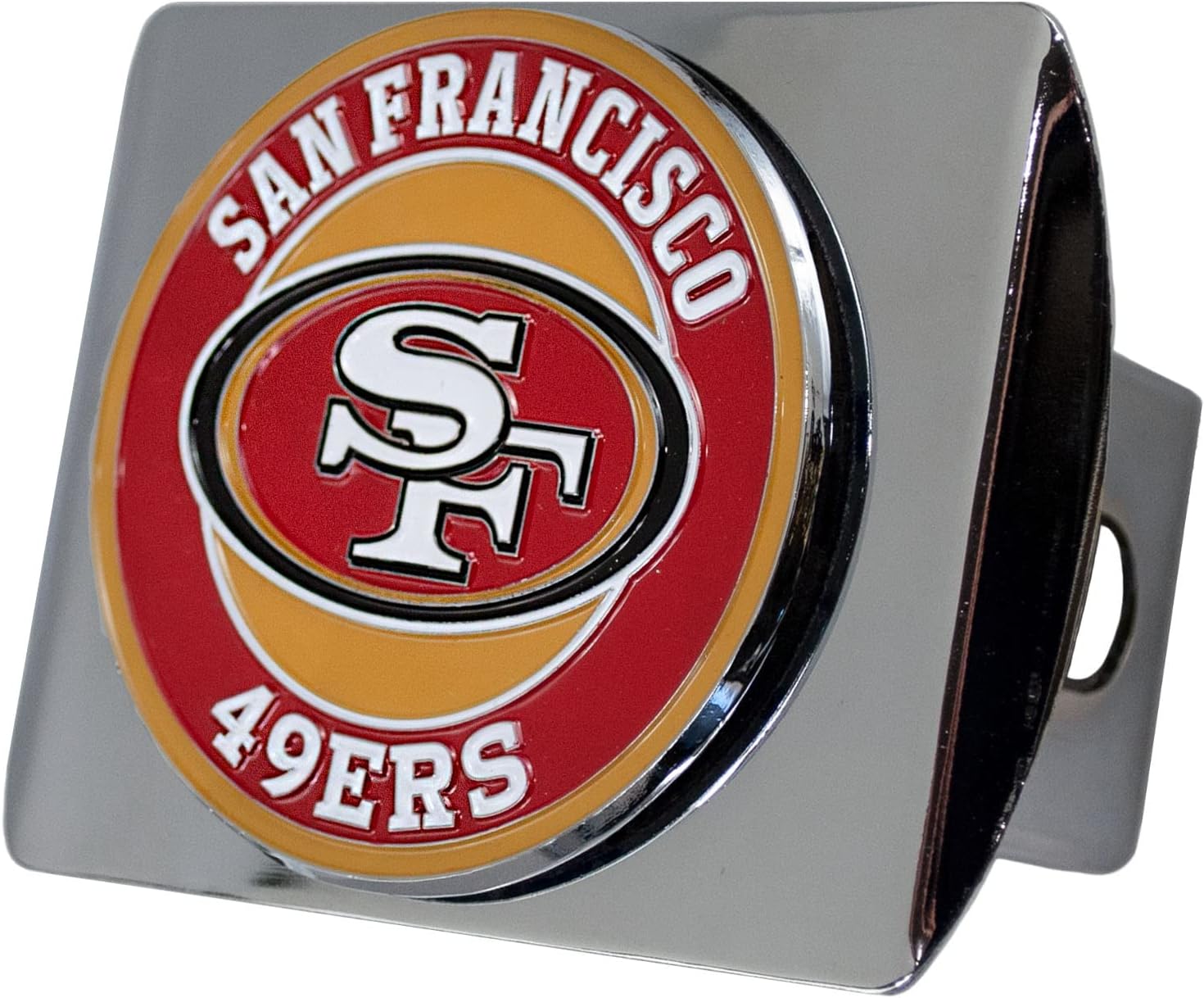 San Francisco 49ers NFL Chrome Hitch Cover with 3D Colored Team Logo by FANMATS - Unique Round Metal Molded Design – Easy Installation on Truck, SUV, Car - Ideal Gift for Die Hard Football Fan