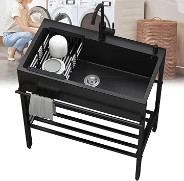 Free Standing Sink with Faucet,60x45x86cm Black Stainless Steel Utility Outdoor Station Sink,Laundry Room Sinks,Kitchen Sinks Cabinet for Hand Washing,for Garage Indoor Kitchenette Basement Commercial