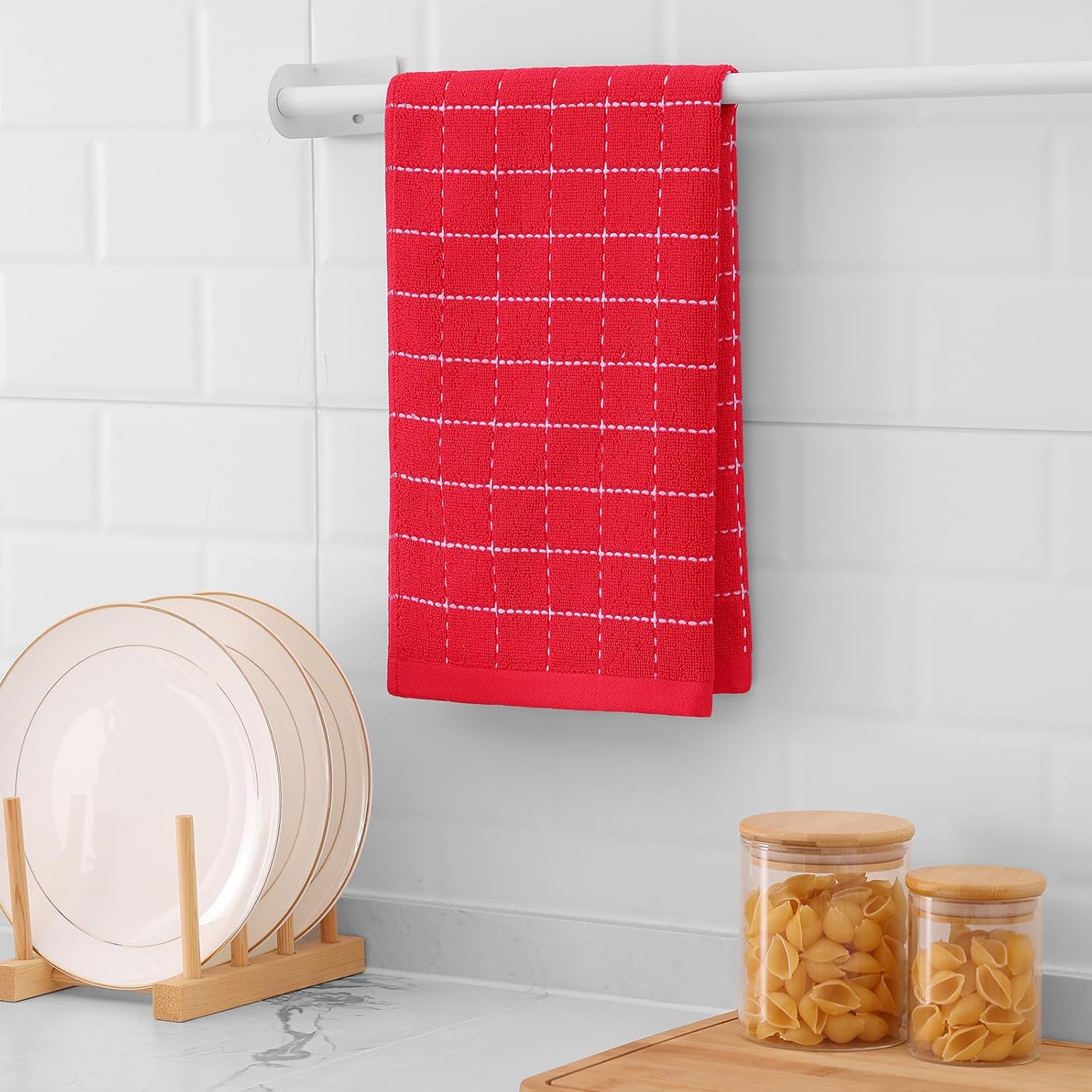 Mordimy 100% Cotton Terry Cloth Kitchen Towels, Super Soft and Absorbent Dish Towels for Drying, Checkered Designed Hand Towels for Kitchen, 16 x 26 Inches, 4 Pack, Red - Image 8
