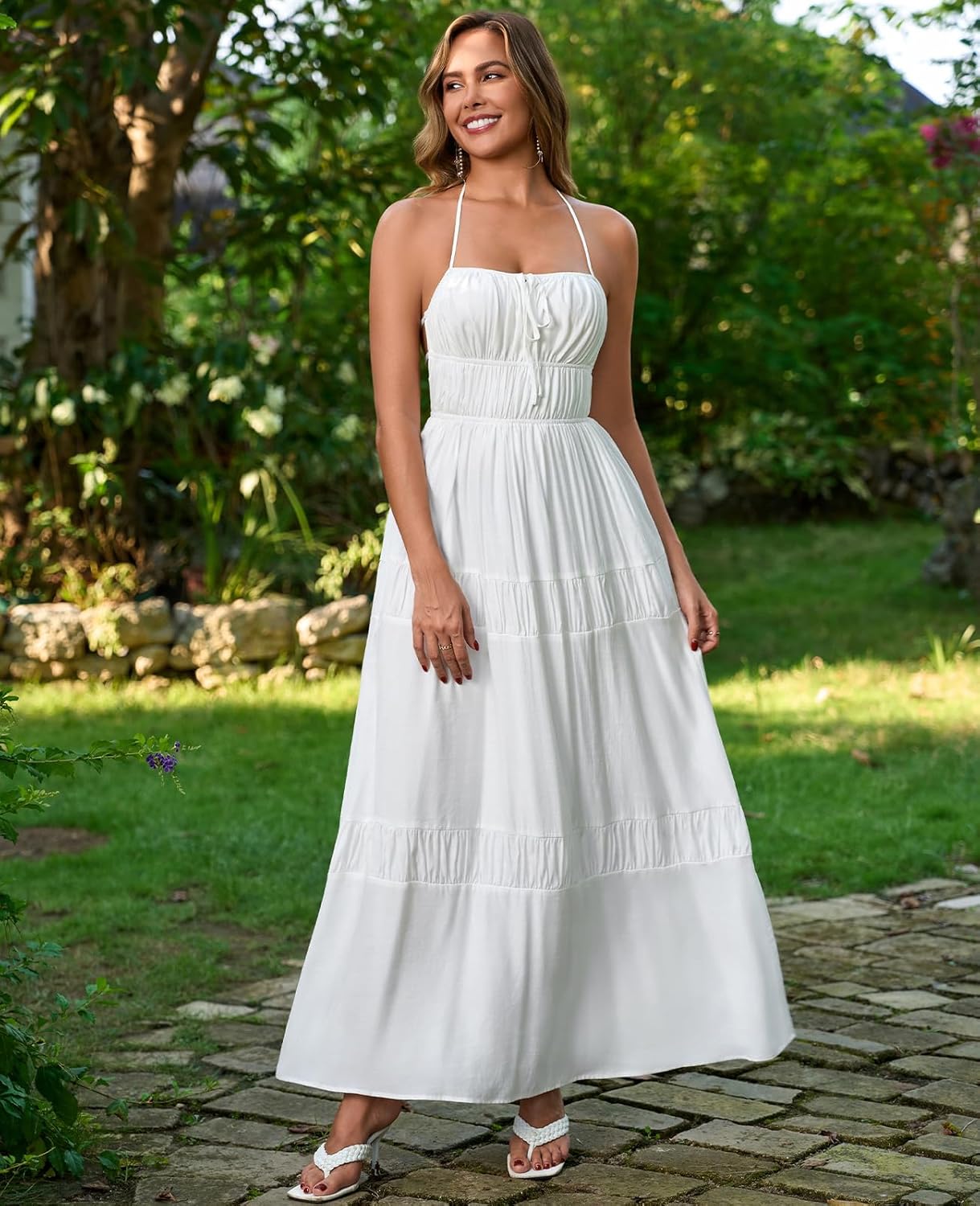 XinFSh Women's Summer Floral Halter Beach Maxi Dress Flowy A Line Backless Vacation Boho Sundress