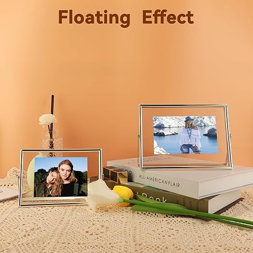 Miniatura 4 de Marco flotante plateado (4 x 6 pulgadas, horizontal), para fotos de 3 x 5, 2 x 3, 1 x 2, marco de fotos de escritorio pequeño, estilo minimalista