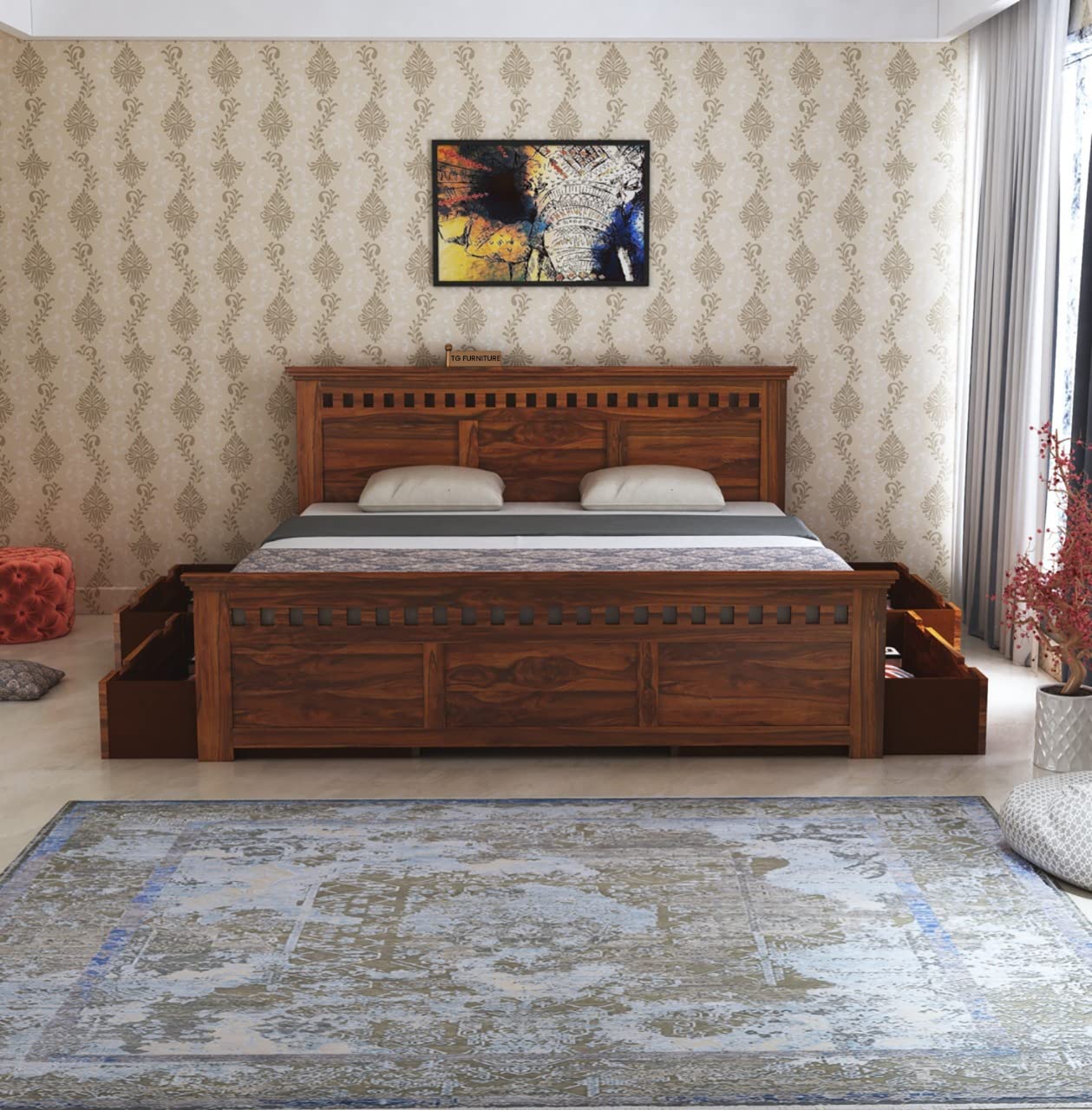 Ganpati Arts Solid Sheesham Wood Armania Queen Size Bed with 4 Drawer Storage | Wooden Double Bed Cot Palang Furniture for Bedroom, Living Room, Home and Hotel (Natural Finish) 1 Year Warranty-picture-22