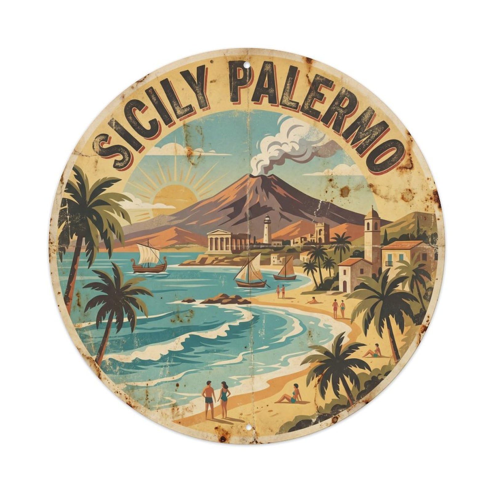 Sicily Palermo Beach Scenery Retro Ink Travel Metal Tin Sign