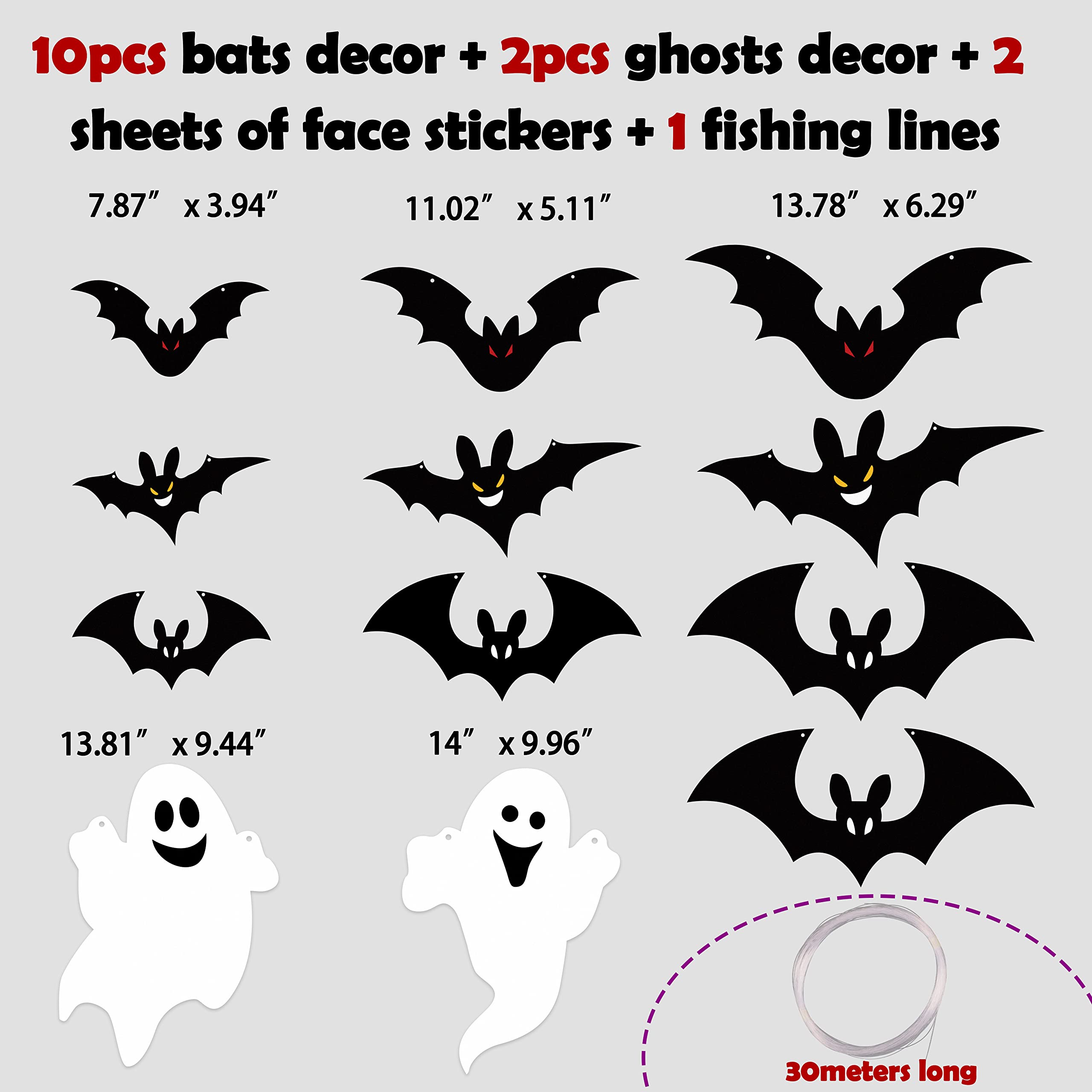 Décorations Halloween - 10 Chauves-souris Phosphorescentes + Fil Et Adhésifs - Déco Fenêtre Et Jardin Effrayante