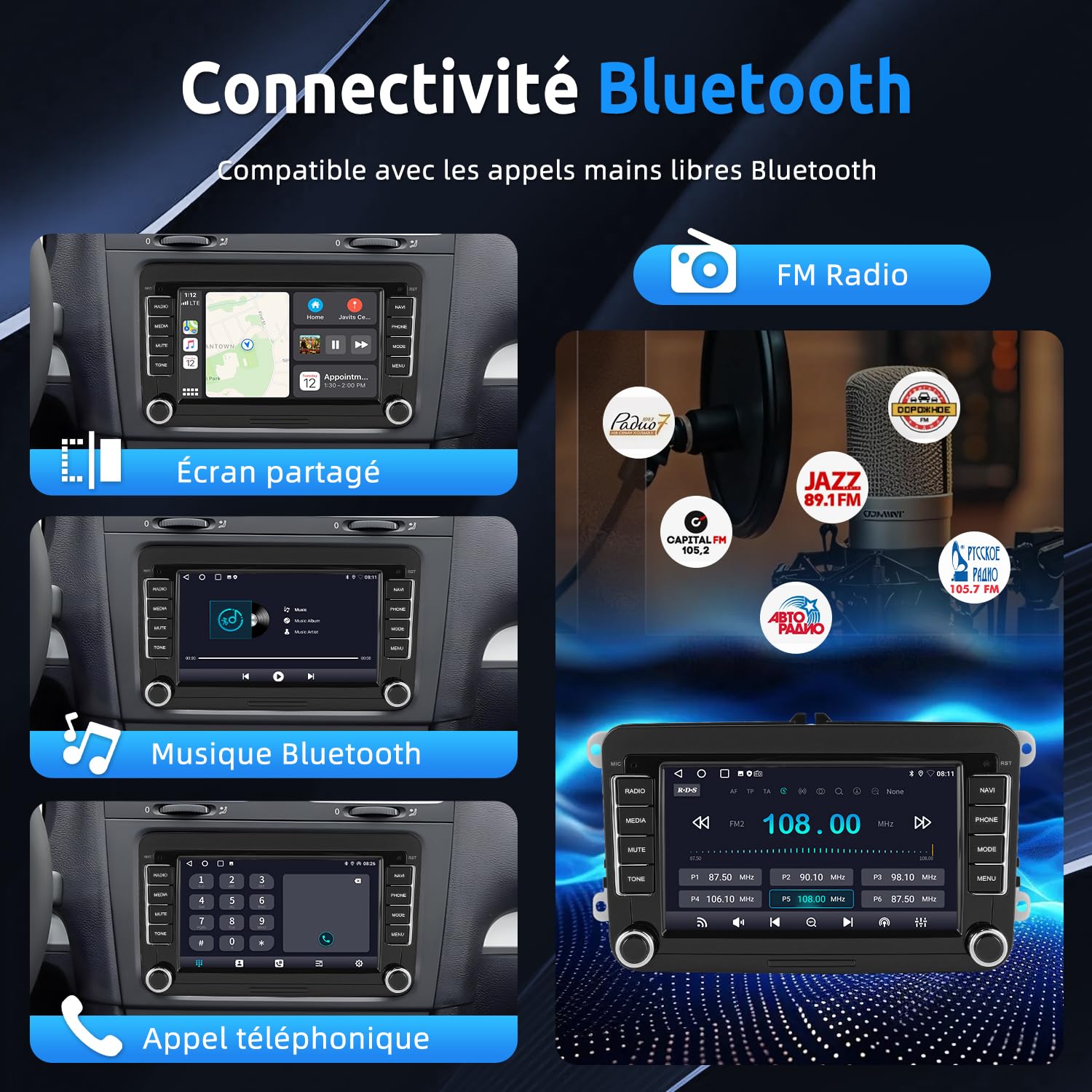 ESSGOO [4+64G] Android 15 Autoradio pour VW Golf 5/6, T5, Passat, Polo, Touran, Tiguan, Caddy, Seat, Skoda – Écran Tactile 7" avec CarPlay/Android Auto sans Fil, Plug & Play, GPS Navi, Bluetooth, DSP