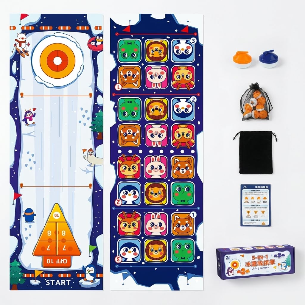 Tisch Spiel Set – Familienspiel Indoor für Kinder & Erwachsene, Tragbares Tabletop, Upgrade-Version [4-in-1] Tisch-Curling (vergrößert und verdickt)