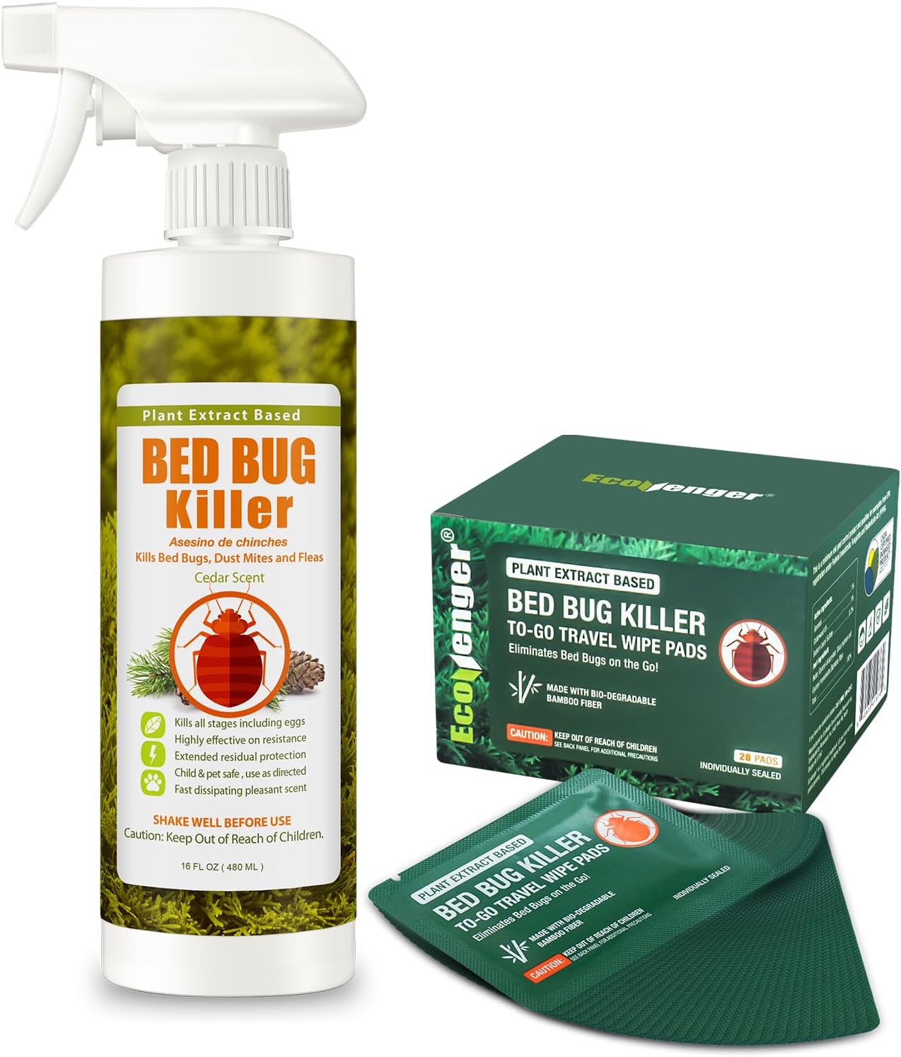 Bed Bug Killer Spray 16oz &28pcs Portable Travel-Sized Individual Wipes EcoRaider by EcoVenger 100% Kill Efficacy, Bedbugs & Mites, Kills Eggs & The Resistant, Lasting Protection