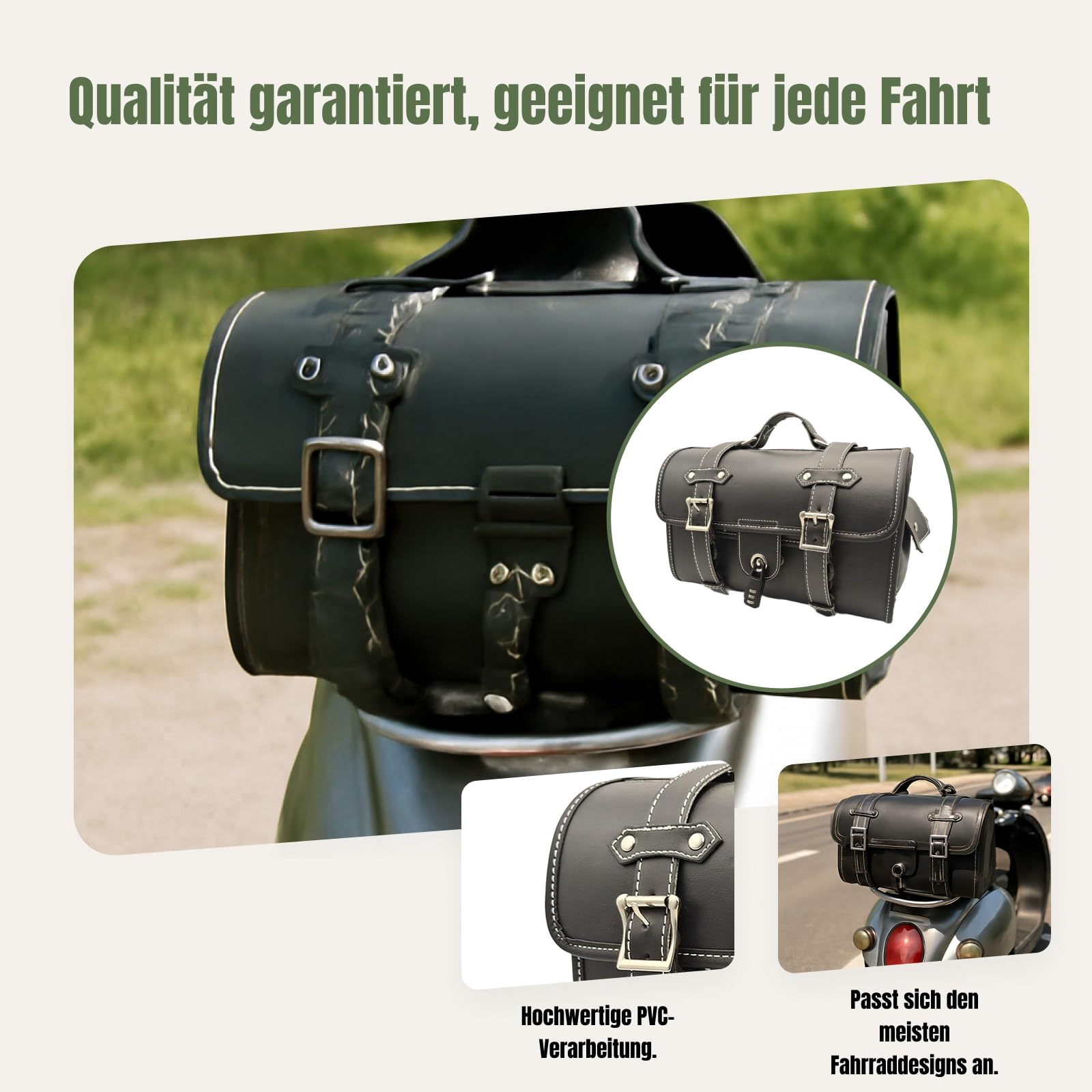 Generische Motorrad-Heckgepäckträgertasche, Motorrad-Aufbewahrungstasche, Seitentaschen, stabile Retro-Gepäcktasche mit Reißverschluss für Roller, Schwarz