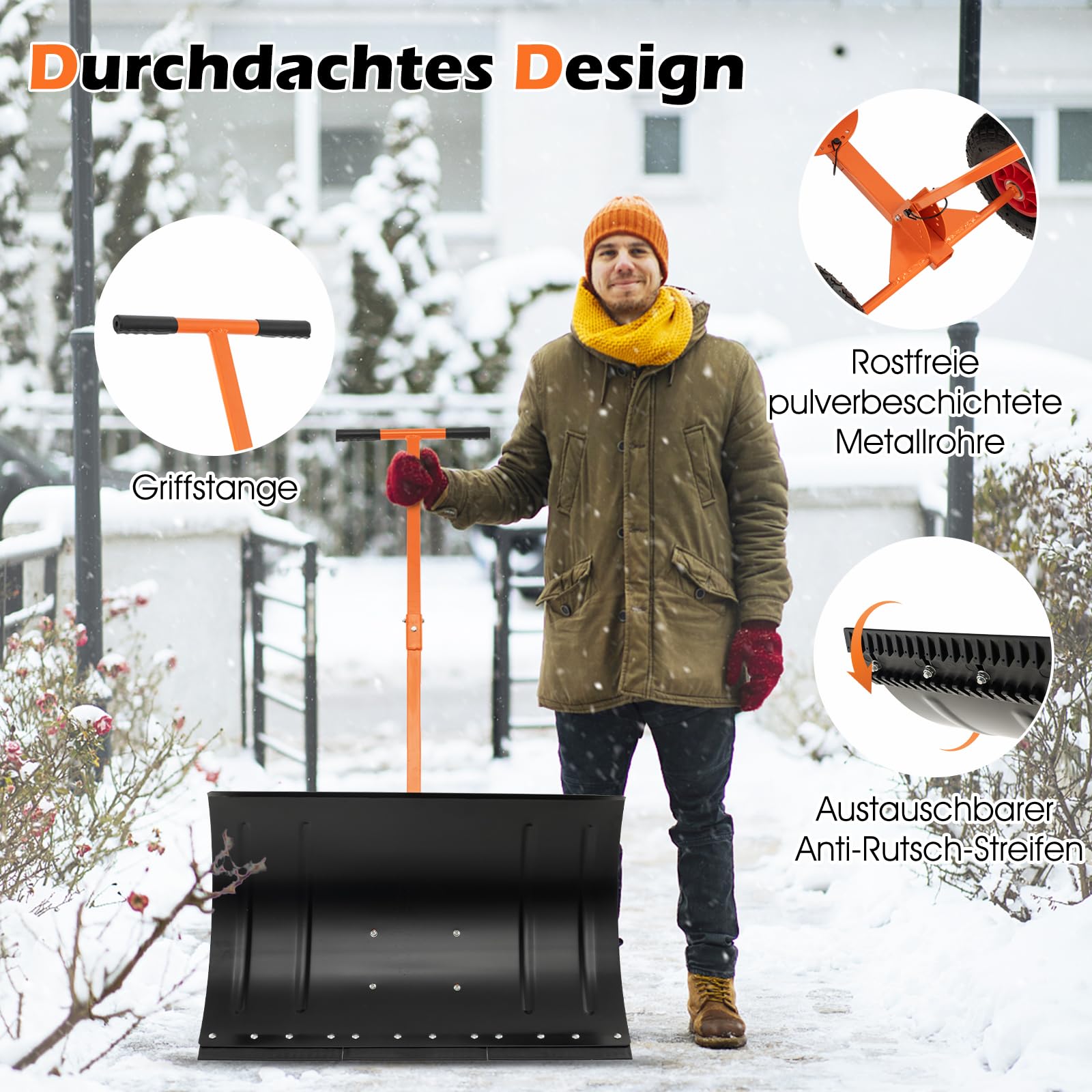 COSTWAY Łopata do śniegu na kółkach z regulacją wysokości, tarcza do śniegu 74 cm, szerokość robocza 49 cm, chroniąca plecy szufla do śniegu z regulowanym kątem, odśnieżarka metalowa