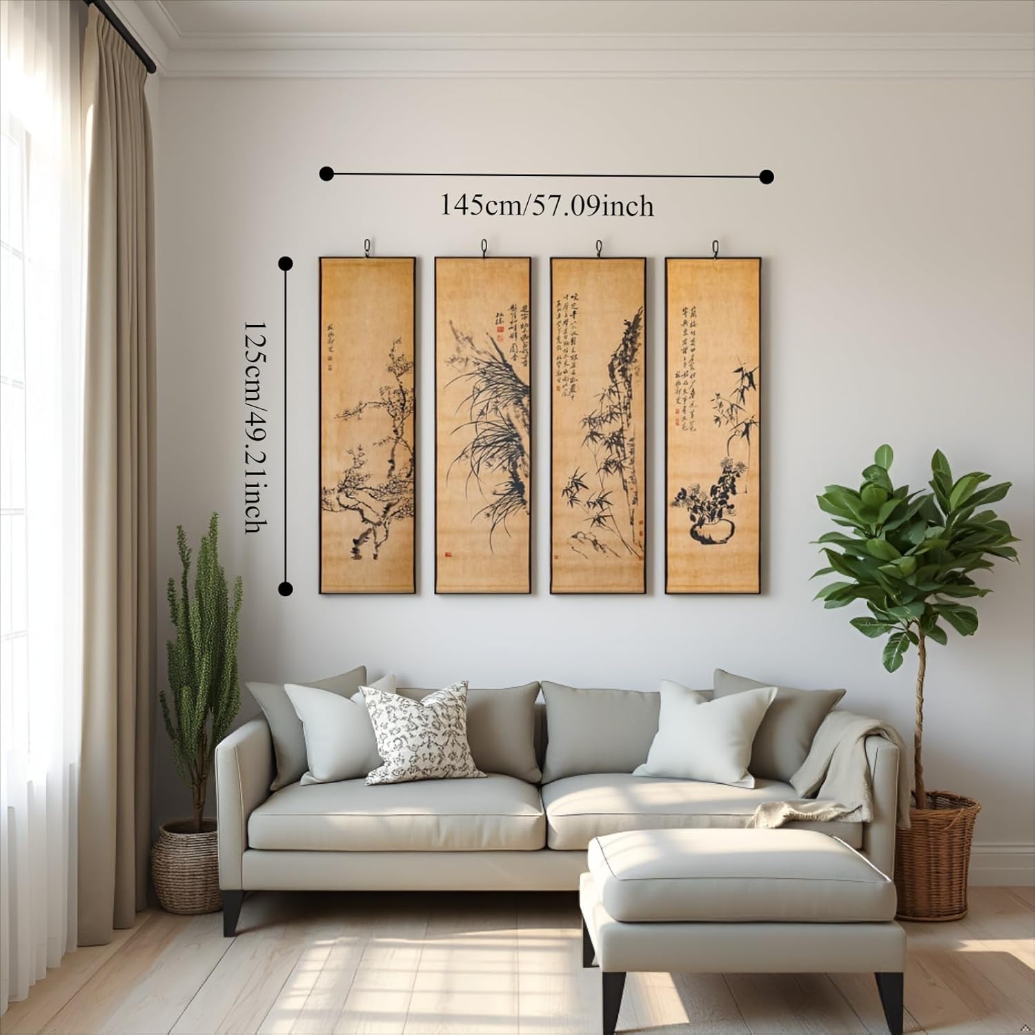 CIFIBIFUN Large 4 Panel Black Japanese Ink Painting Plants Wall Art Scroll,Shikunshi Four Seasons Asian Decor, Paper Wooden Bar Frame for Home Zen Meditation Room