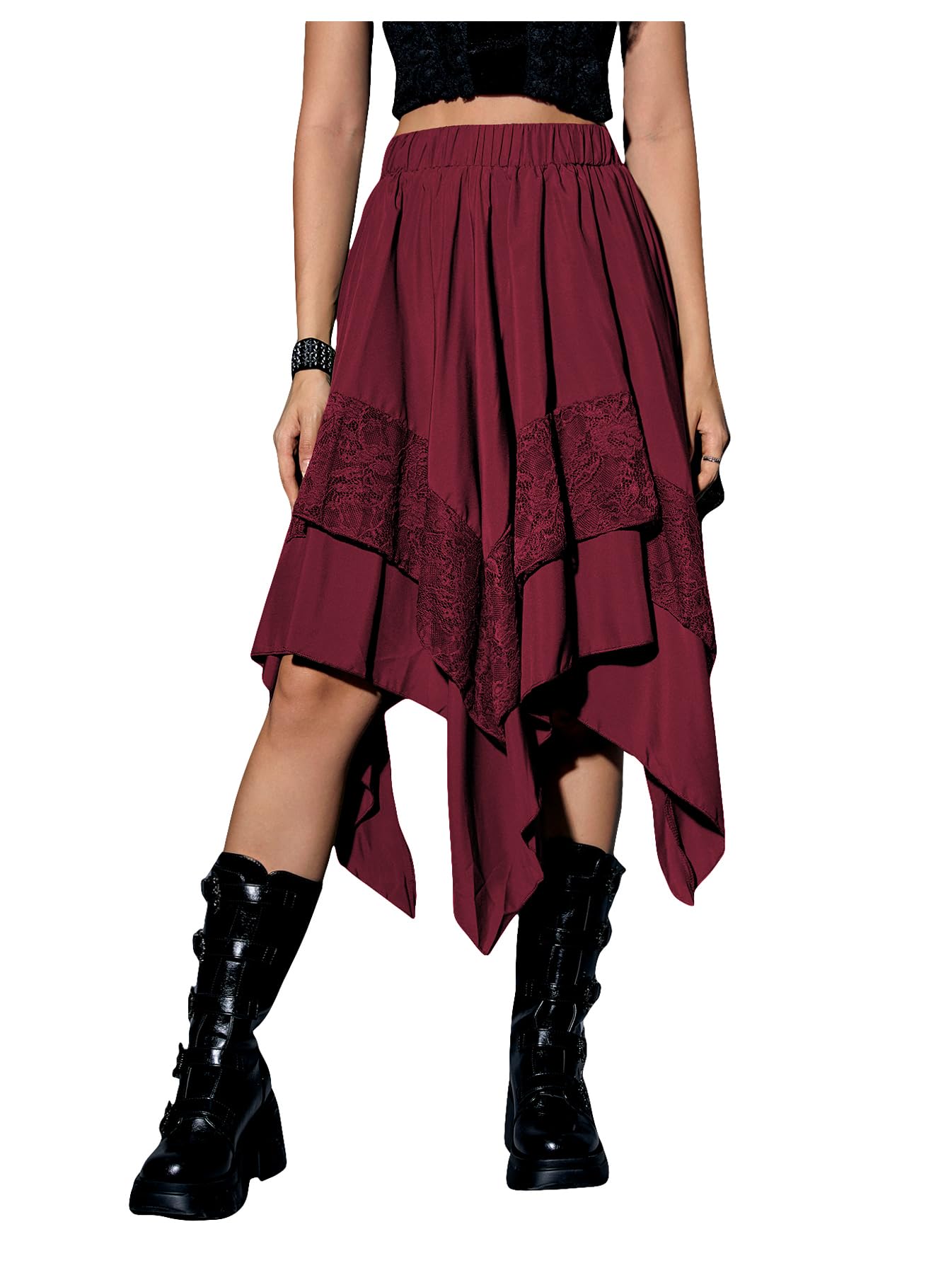 Verdusa Women's Renaissance Flowy Lace Skirt Y2k Asymmetrical Layered Ruffle Midi Skirts Pirate Costume