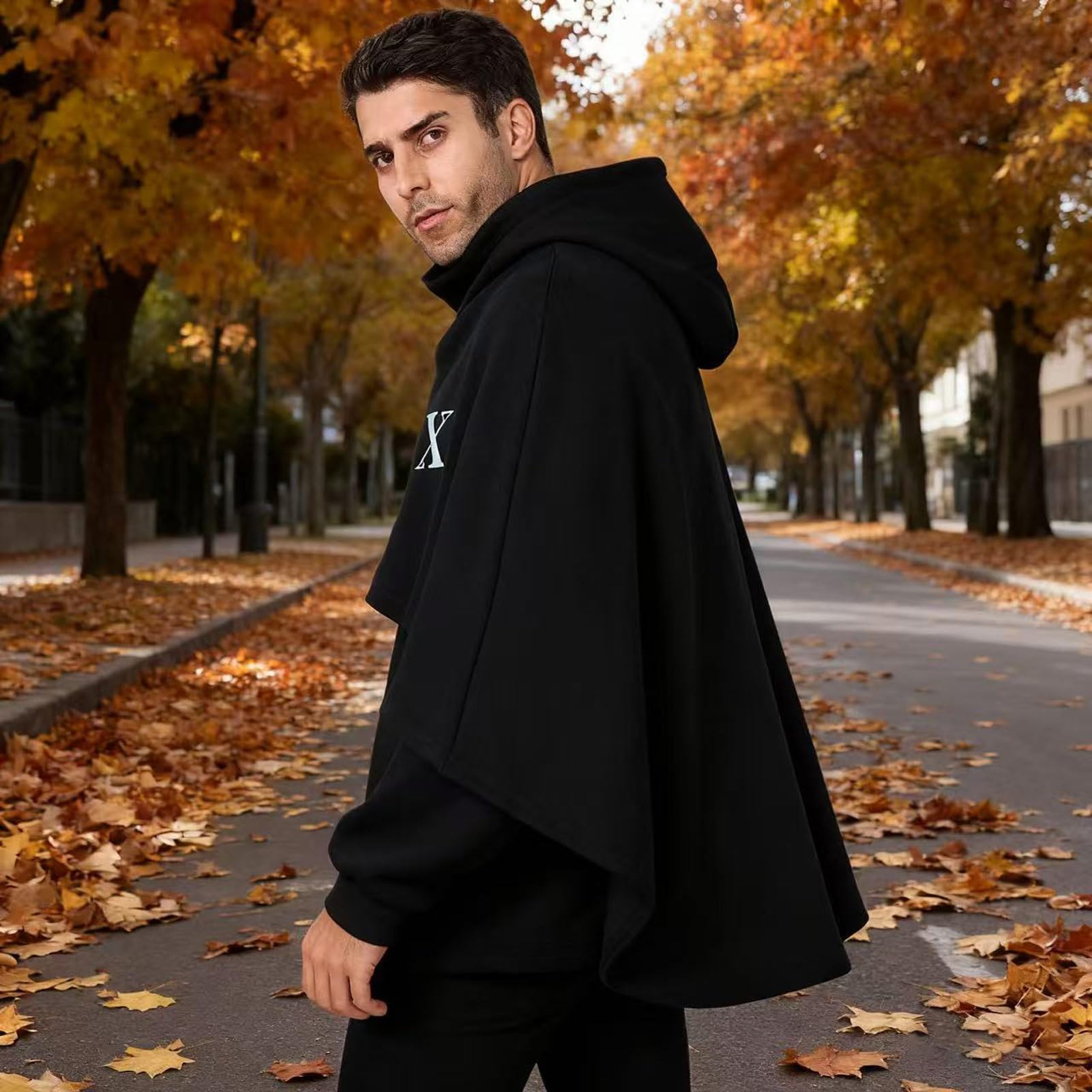 Felpa con Cappuccio Poncho Cape da Uomo Manica Lunga Pullover Collo Alto Techwear Streetwear Hoodies