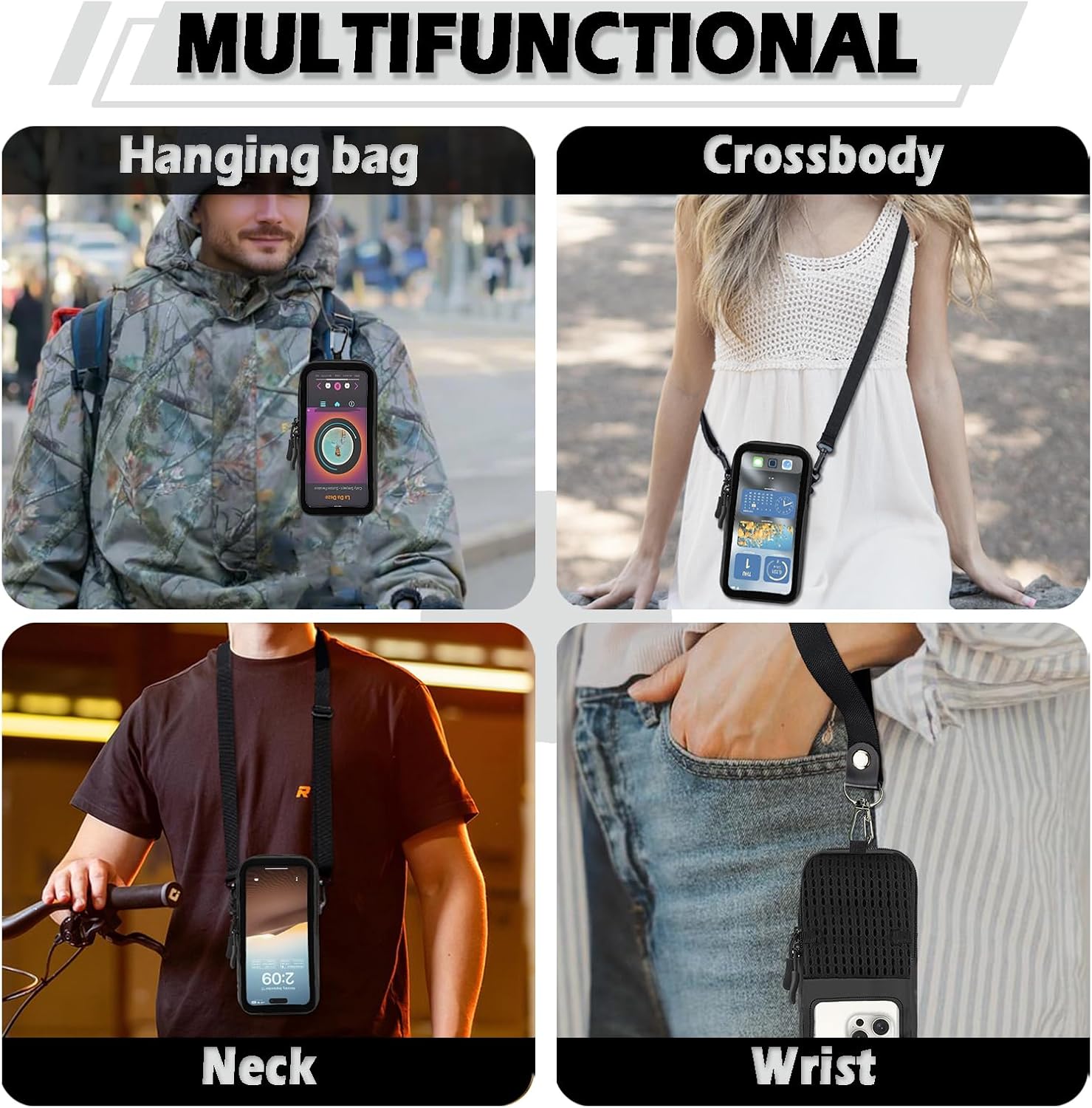 Phone Sleeve Pouch Case with Adjustable Crossbody Lanyard and Wrist Strap, Touchscreen-Friendly Clear Cell Phone Purse Bag, CellPhone Holster with Carabiner for Men Women (Clear Black- B) - Image 6