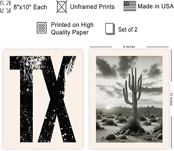 Poster Master 2-Piece Texas Poster - Desert Print - Cactus Art - Landscape Art - Gift for Men, Women & Travel Lover - Great Decor for Bedroom, Living Room, Office or Dorm - 8x10 UNFRAMED Wall Art