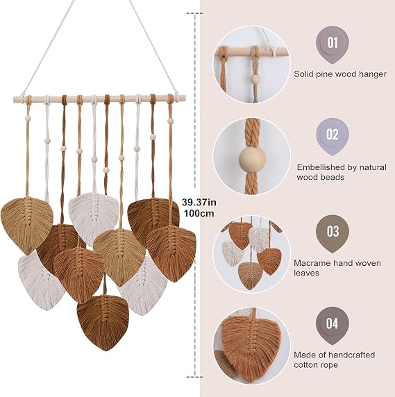 EaseMyKit Macrame Wall Hanging, Nursery Decor Leaves Woven Tapestry Feather Handmade Yarn Tassels Boho Wall Decor Leaves Art Decorations for Bedroom Living Room Apartment Home Backdrop(Autumn Brown)