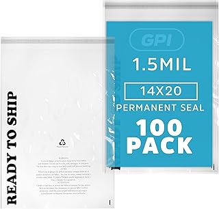 GPI - PACK of 100 14" x 20", CLEAR SELF SEAL POLY BAGS - 1.5 mil Polybags With Permanent Adhesive Strip & Suffocation Warning For Packaging T Shirts & Clothing. Perfect for Shipping Supplies With FBA