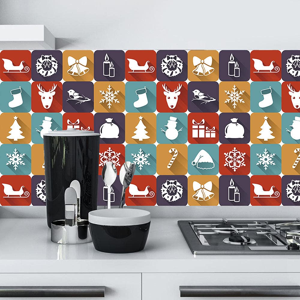 Pegatinas de azulejos coloridas navideñas impermeables pegatinas de pared DIY autoadhesivas autoadhesivas retro cuadrados para decoración de muebles de cocina baño 30 cm x 30 cm x 16 piezas
