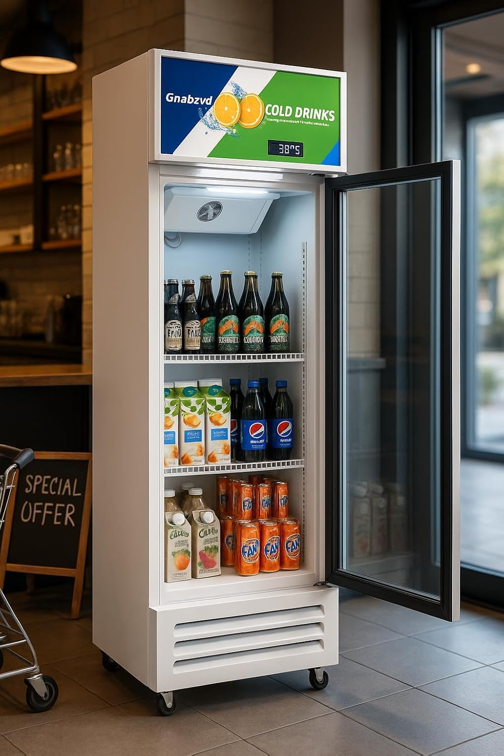 Commercial Beverage Refrigerator Display Fridge, 9.54 Cu Ft Single Swing Glass Door Merchandiser, Drink Display Cooler with LED Light and Adjustable Shelves for Bar Party