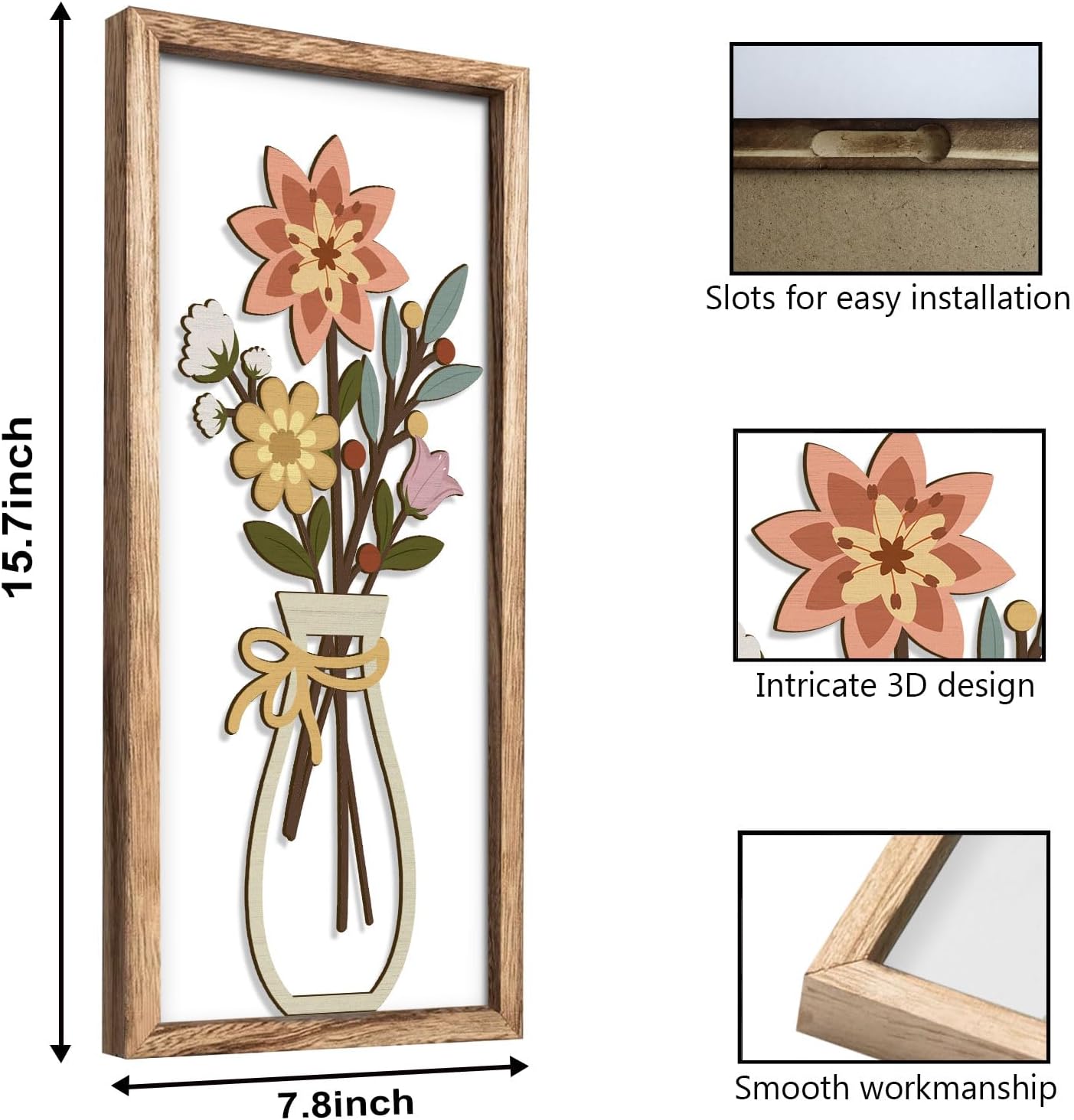 Kas Home 3D Floral Wall Art, Rustic Wood Farmhouse Flower with Vase Framed Minimalist Wall Decor for Living Room Bathroom Bedroom Office Housewarming Gift, Botanical Plaque Sculptures