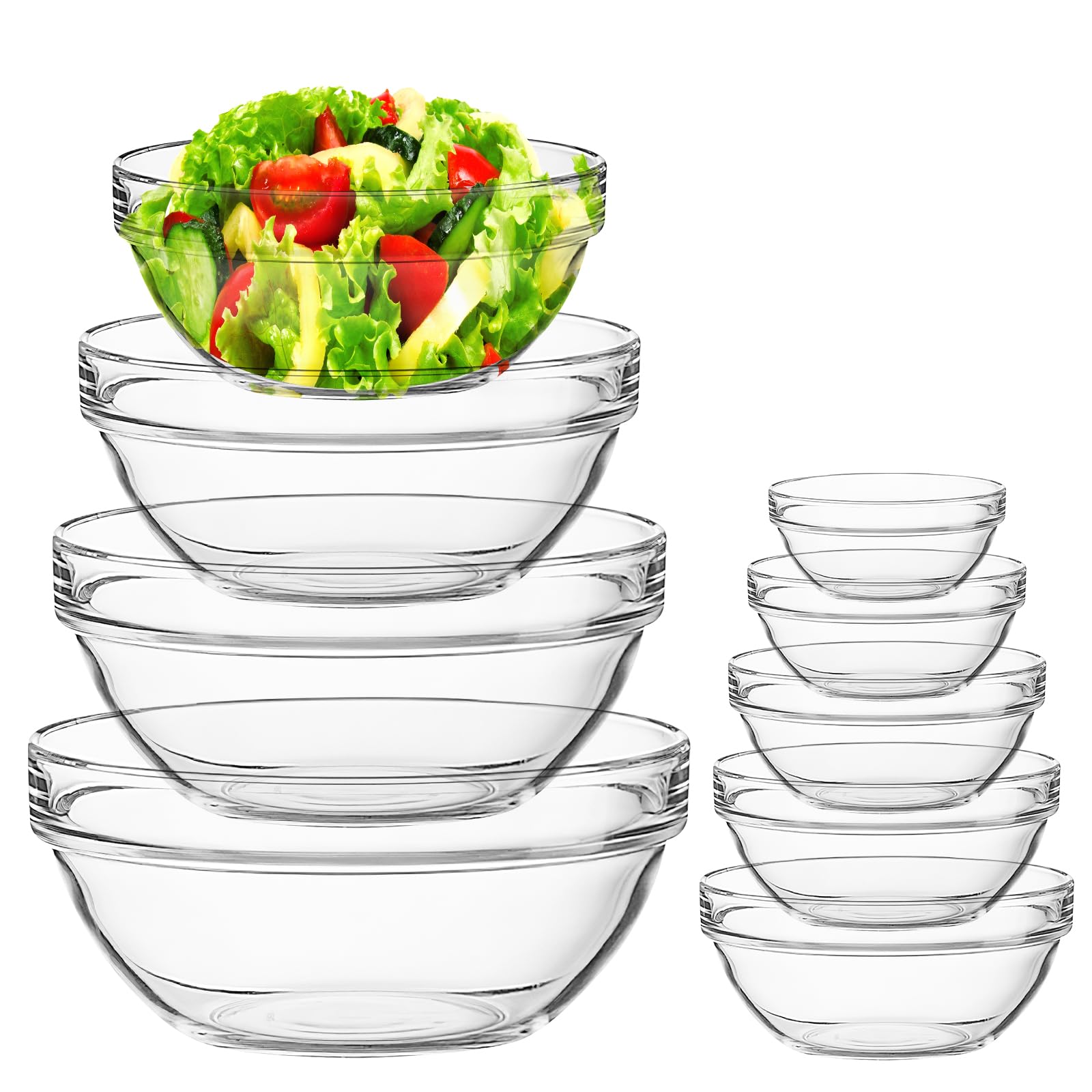 Lot de 9 Bols Mélangeurs en Verre, Saladiers Empilables 35 ml à 2,8 L | Bols Transparents pour Préparation, Salade, Fruits, Desserts, Sauces, Pâtisserie et Service, Compatibles Lave-Vaisselle