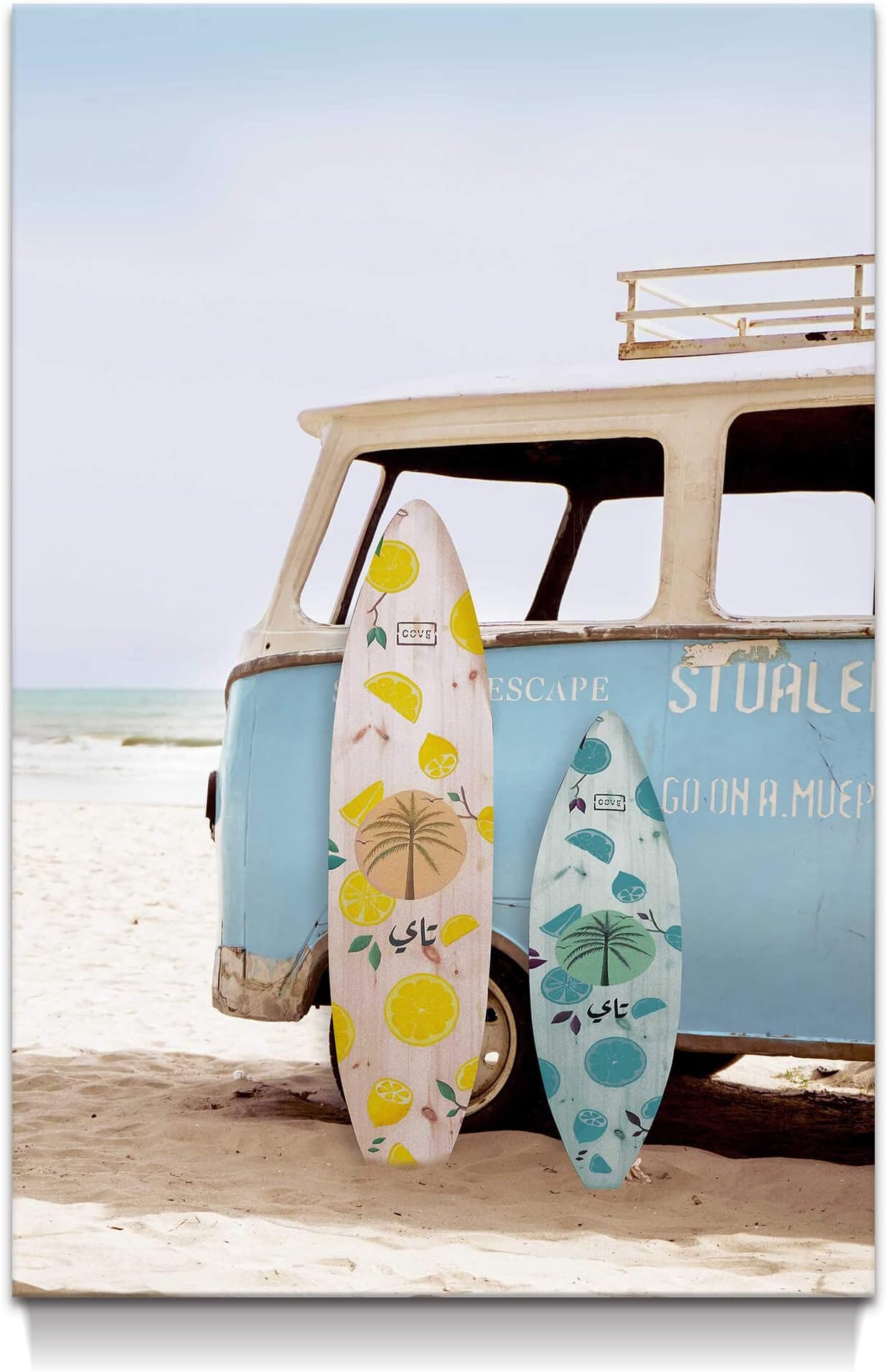 Hawaii Beach Canvas Wall Art: Vertical Surfboard Pciture Large Tropical Coastal Ocean Painting Seaside Vintage Van Prints Surfer Artwork for Bathroom Bedroom Living Room