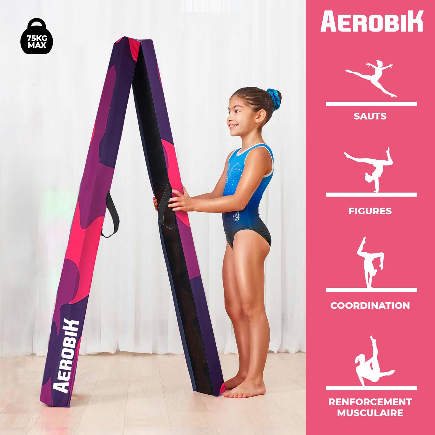 Aerobik | Poutre de Gymnastique Pliable 240 cm Violette | Stable, Antidérapante et Lavable | Enfants & Adultes | Ruban de Gymnastique Offert pour Un entraînement Complet | Original Corner
