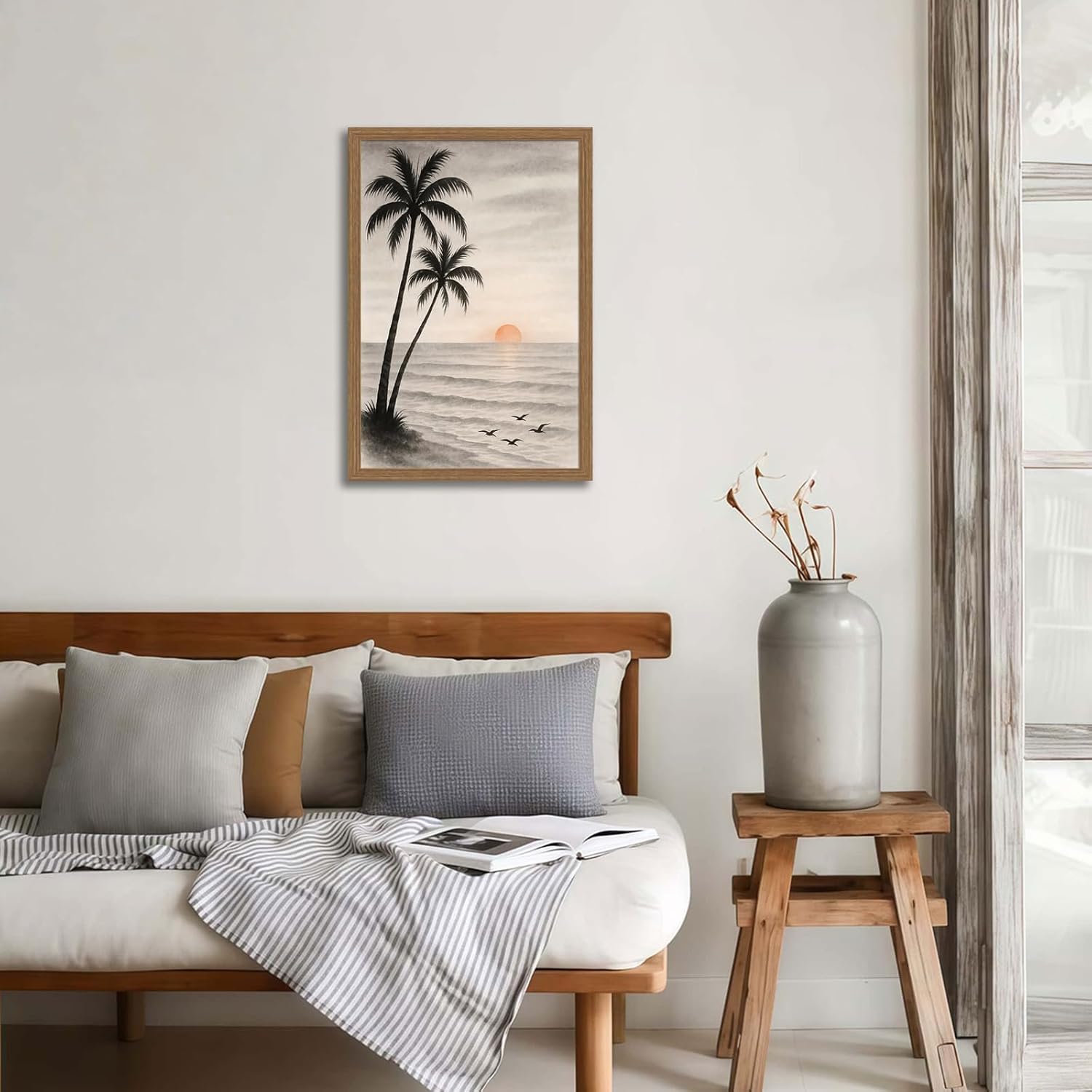 FuFoyi Serene Tropical Sunset Palm Tree Wall Art Minimalist Watercolor Coastal Ocean Print with Birds, Elegant Beach Zen Boho Picture Wall Decor Painting for Modern Home Framed 12x16 Inches
